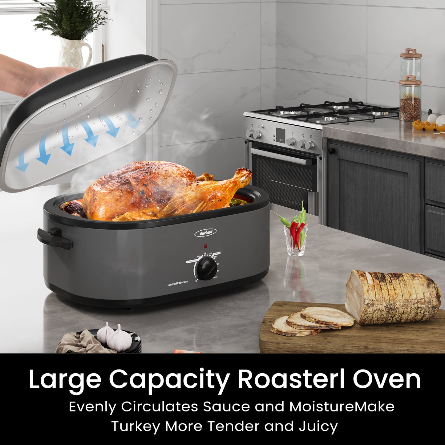 Sunvivi Roaster Oven with Self-Basting Lid, 20qt Electric Roaster with Removable Pan & Rack, Turkey Roaster Oven with Defrost & Warm Function, Stainless Steel, Grey