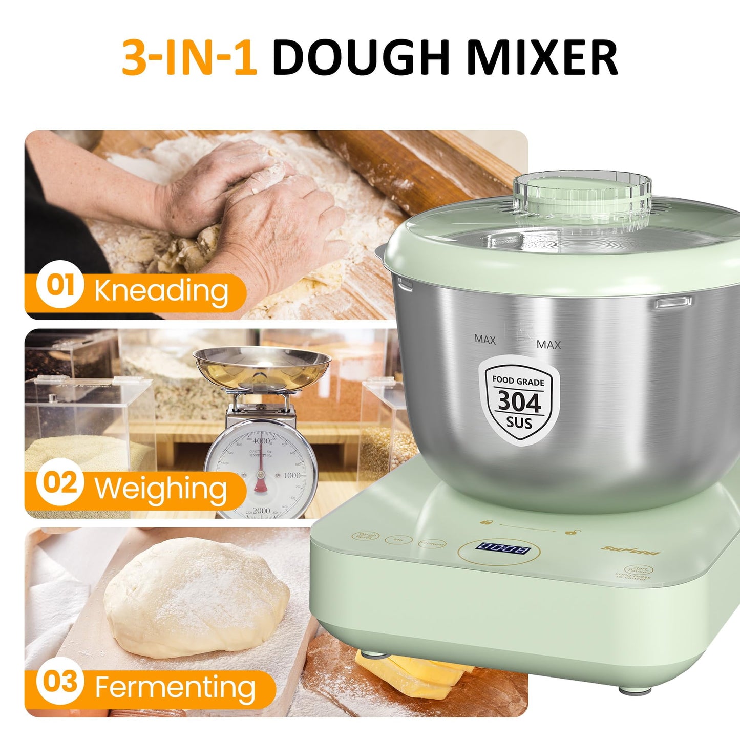 SUNVIVI Electric Dough Maker with Weighing Function,5.2QT Dough Mixer with Ferment Function,Household Dough Maker Kitchen Flour Kneading Machine with Stainless Steel Bowl,Face-up Touch Panel