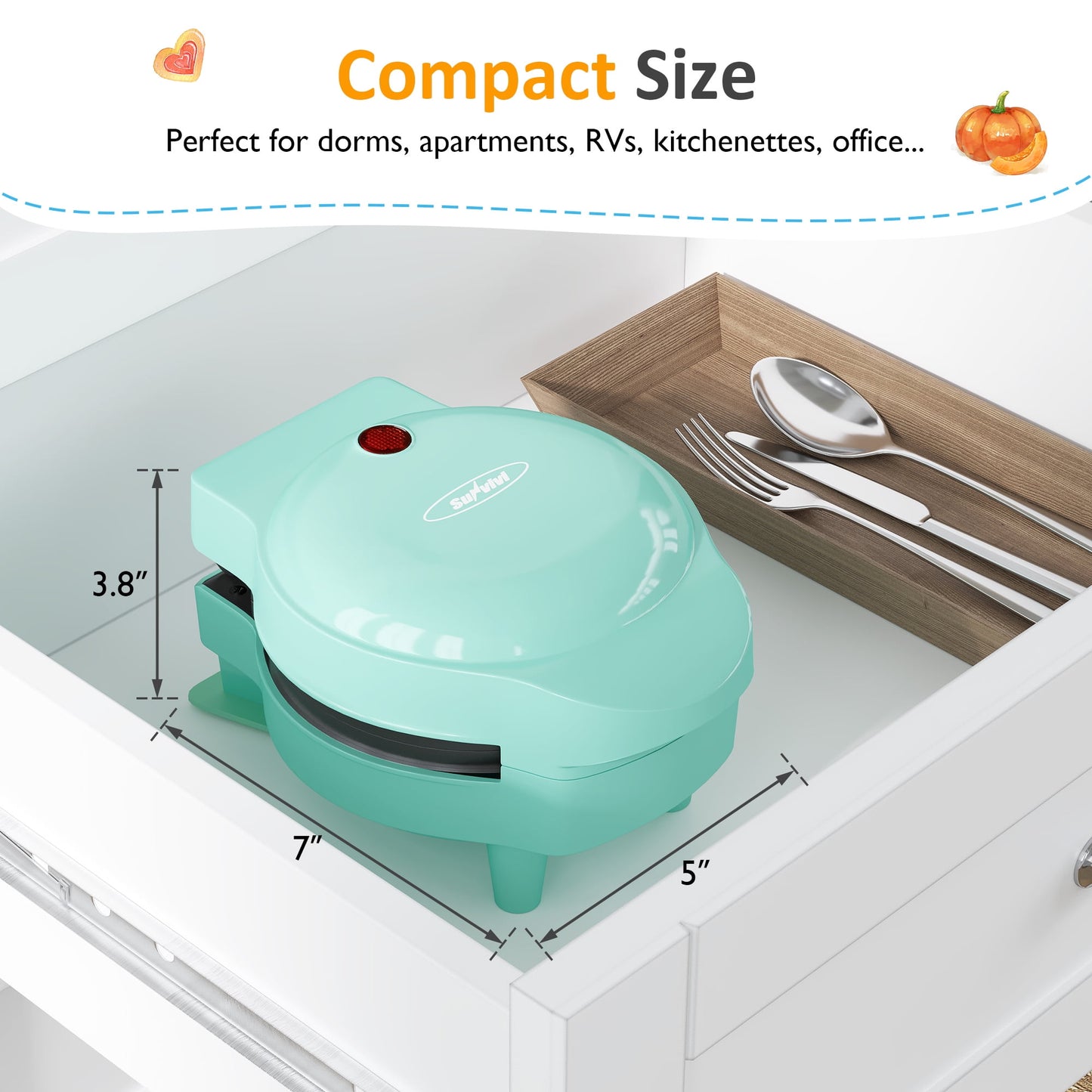 Sunvivi 6-in-1 Mini Waffle Maker, 4" Waffle Iron with Nonstick Removable Plates (Santa, Christmas Tree, Witch, Pumpkin), Light Blue
