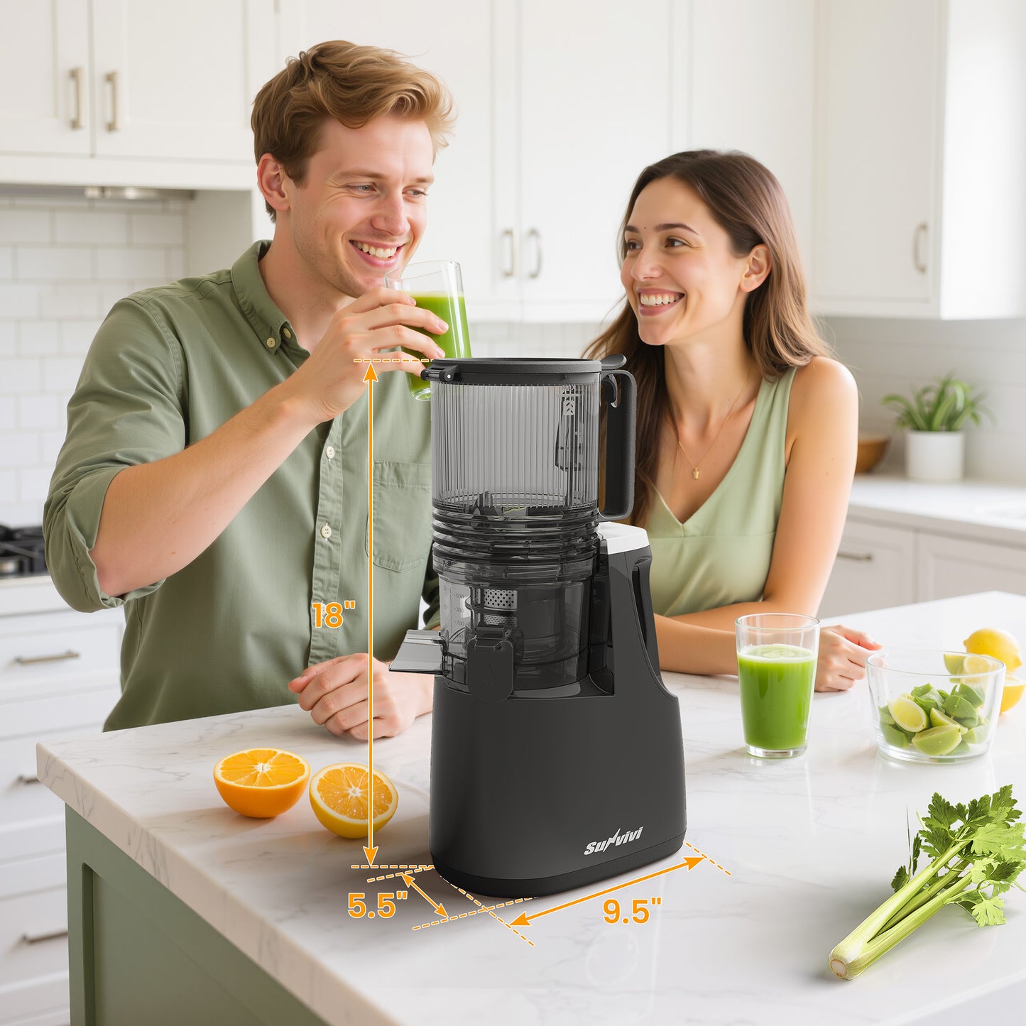 Sunvivi Cold Press Juicer with 5.9" Wide Feed Chute, 250W Slow Juicer Machines Fit Whole Vegetables & Fruits, Easy to Clean, Dual-Layer Strainer, High Juicer Yield Masticating Juicer for Home, Black