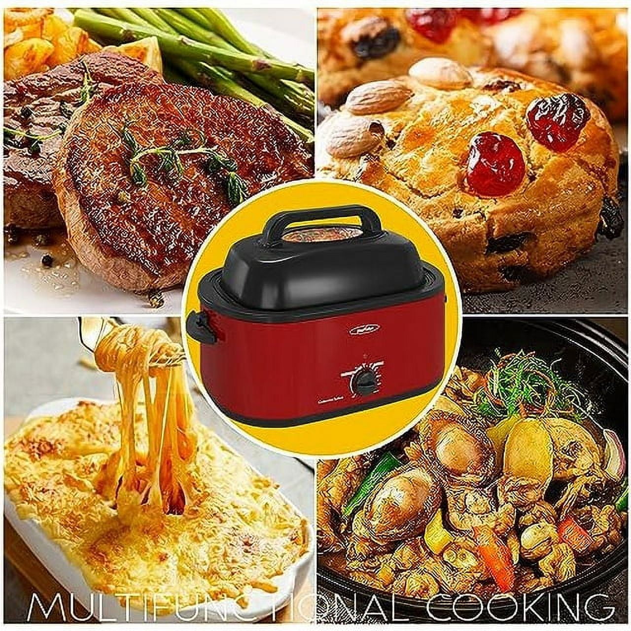 Sunvivi 26 Quart Electric Turkey Roaster Oven with Visible Glass Lid,Removable Pan & Rack, Stainless Steel,Red