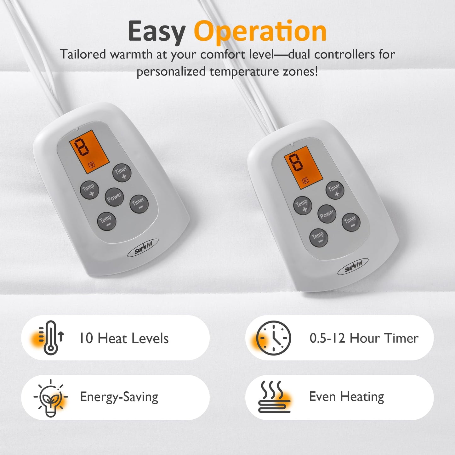 Sunvivi Queen Size Heated Mattress, Electric Bed Mattress Pad with 12-Hour Timer & 10 Heat Settings, Full Bed Warmer with Dual Controller, Machine Washable, 60in x 80in