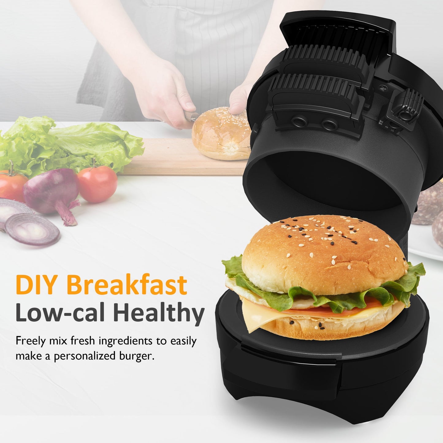 Sunvivi Breakfast Sandwich Maker with Egg Cooker Ring and Non-Stick Baking Plate, for Stuffed Burgers, Sliders, English Muffins, Mini Waffles