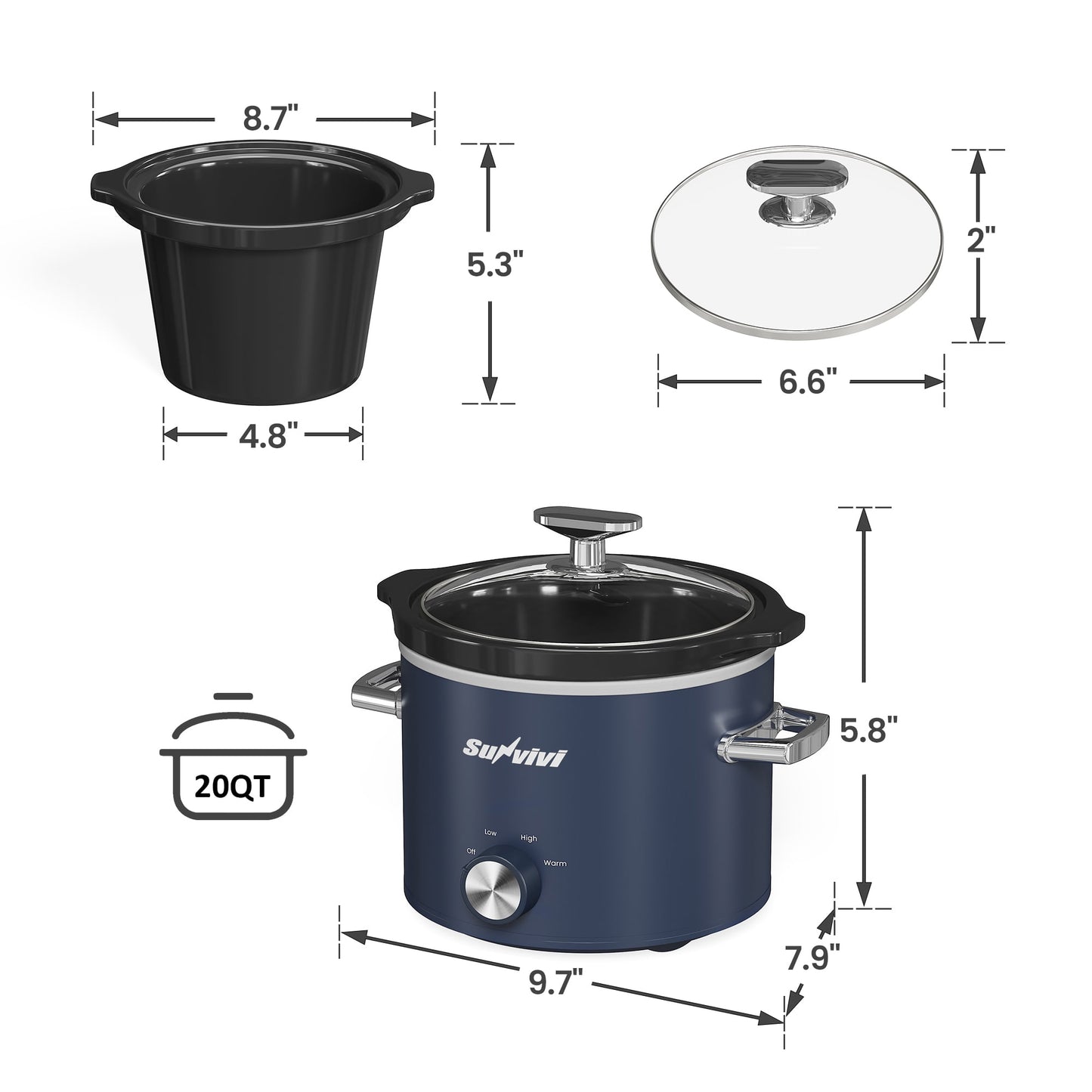 Sunvivi 2QT Small Slow Cooker with Removable Ceramic Pot, 3 Heating Settings - Blue