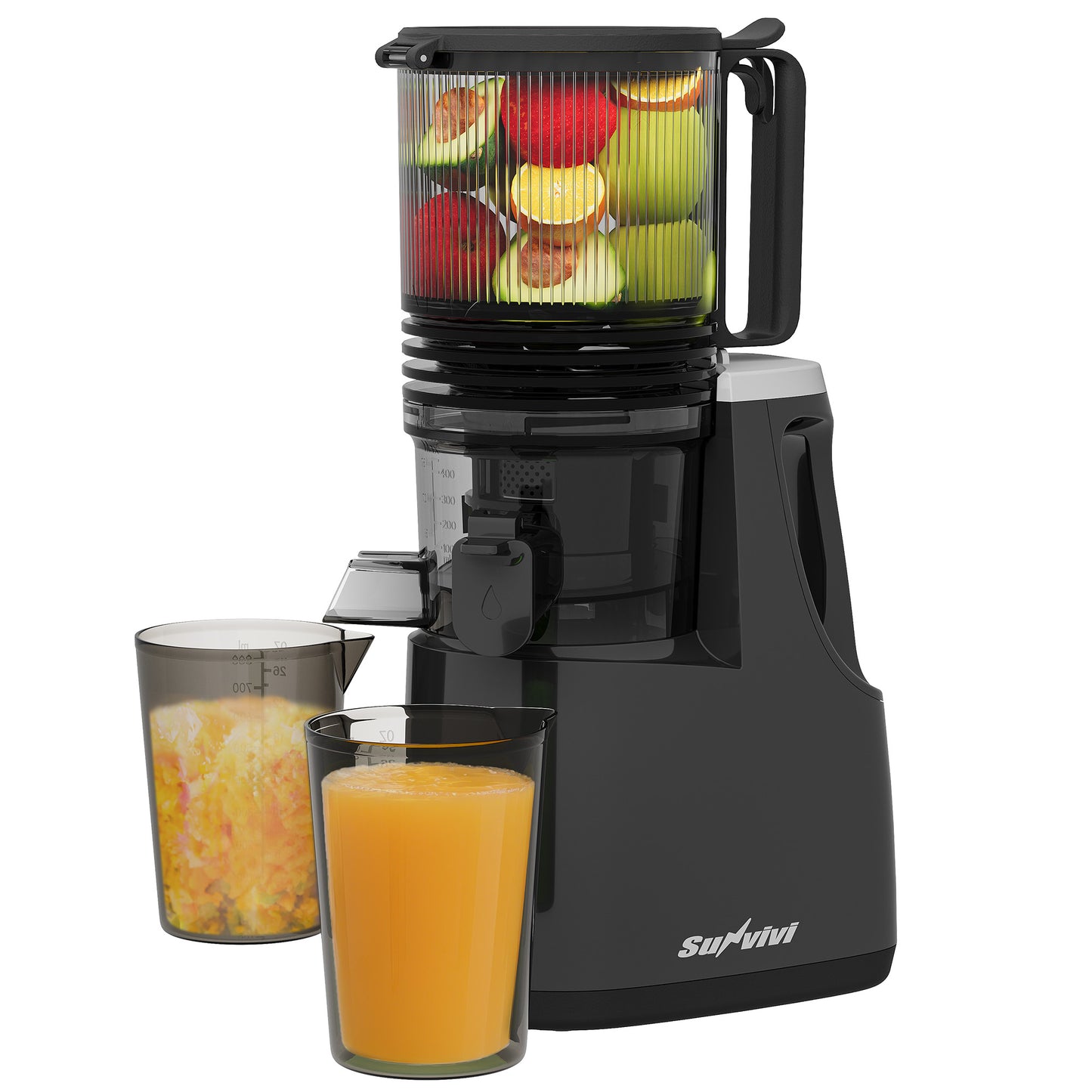 Sunvivi Cold Press Juicer with 5.9" Wide Feed Chute, 250W Slow Juicer Machines Fit Whole Vegetables & Fruits, Easy to Clean, Dual-Layer Strainer, High Juicer Yield Masticating Juicer for Home, Black
