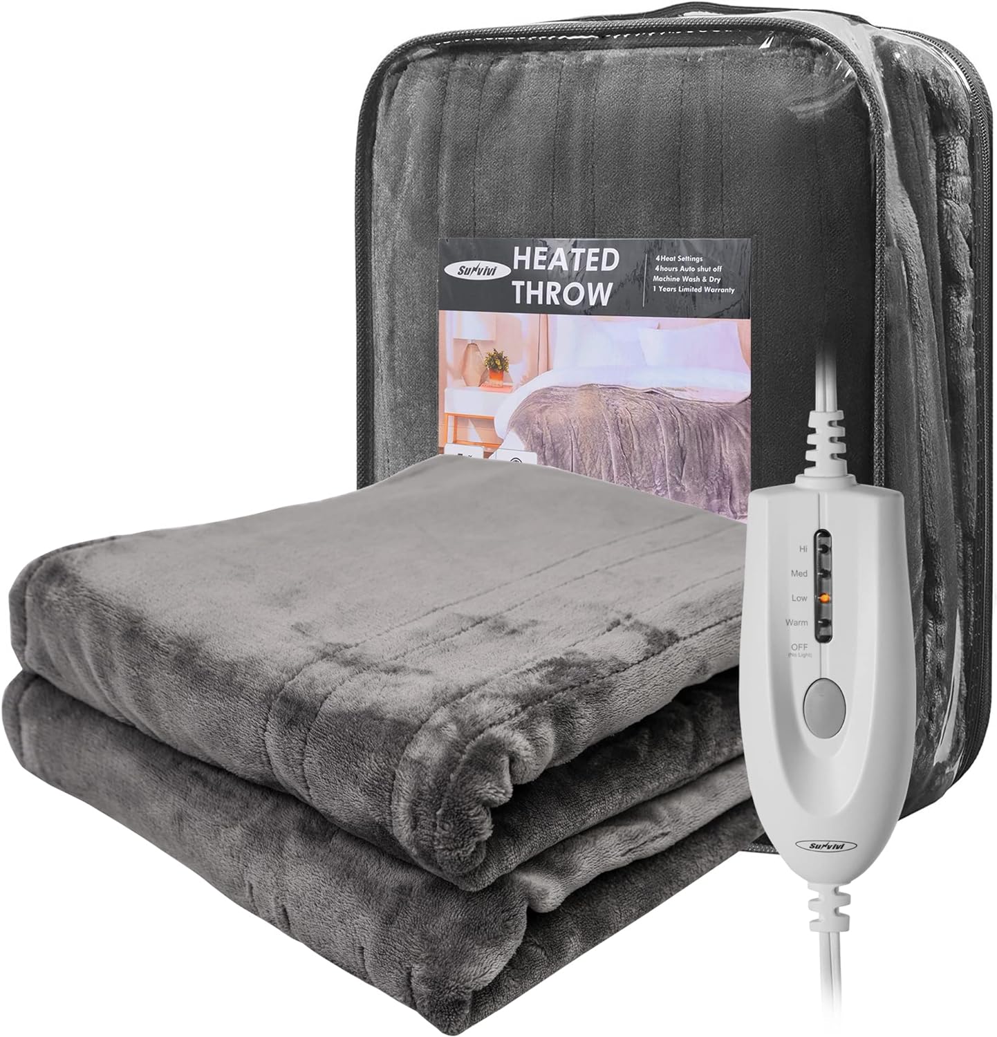 Sunvivi Heated Electric Blanket King Size with Dual Control, 5 Years Warranty, 10 Heat Settings, 12 Hours Auto Off, Machine Washable, ETL Certified, Overheating Protection, Grey