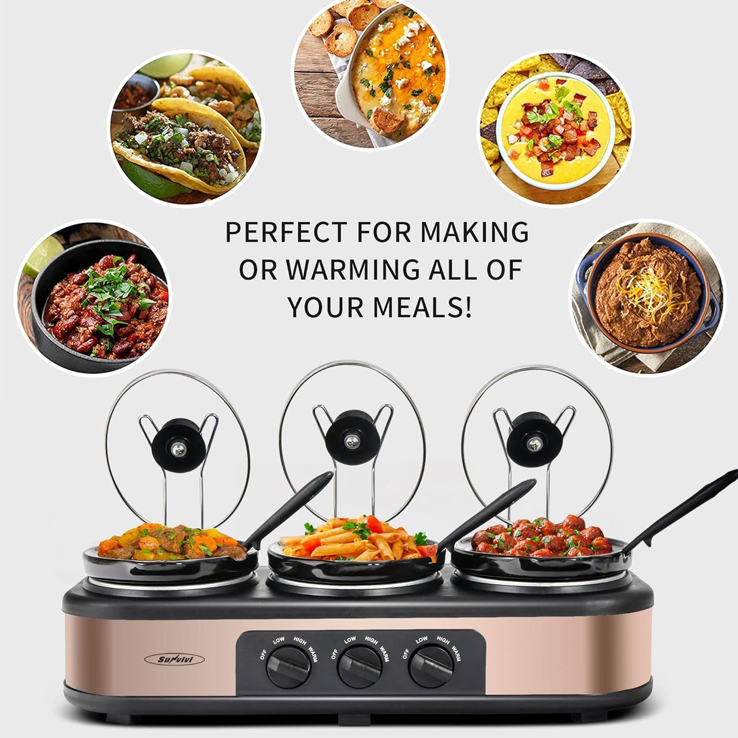 Sunvivi Triple Slow Cooker Buffet Server 3 Pot Food Warmer, 3-Section 1.5-Quart Oval Slow Cooker Adjustable Temp Lid Rests Stainless Steel, Total 4.5 QT