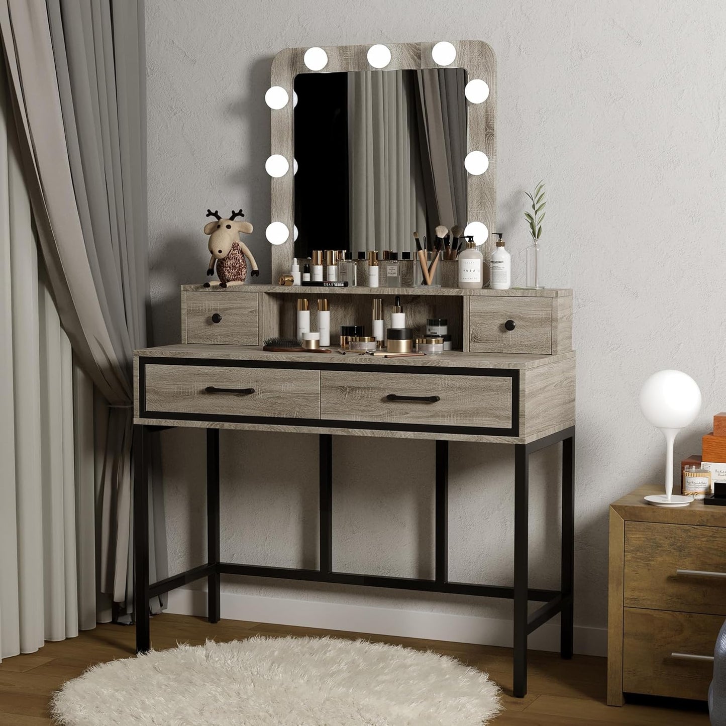 Sunvivi Vanity Desk with Lighted Mirror, 40" Large White Dressing Makeup Vanity Table with 4 Drawers, 3 Color Lighting Modes & 10 Brightness, Dressing Table with Metal Frame for Bedroom