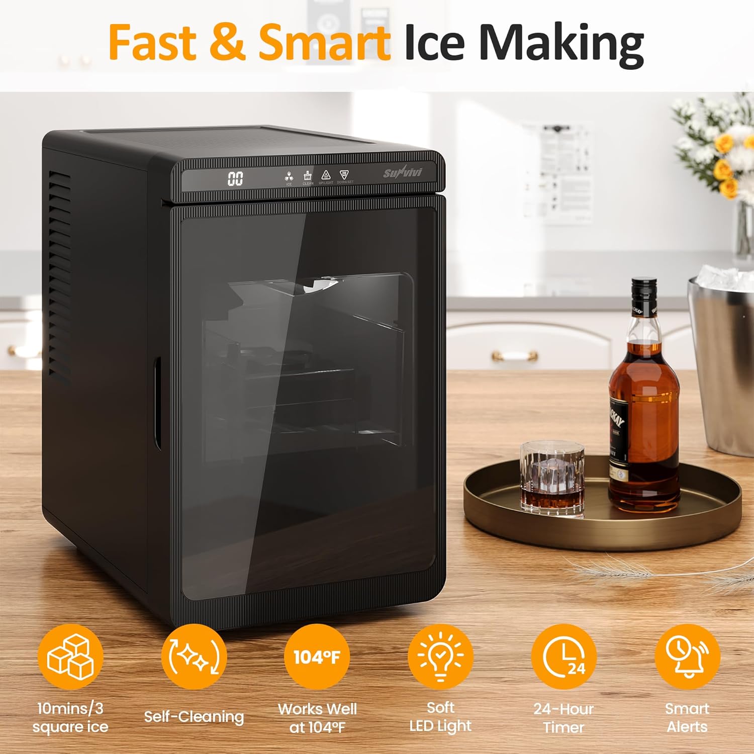 Sunvivi Clear Ice Maker, Compact Countertop Ice Machine, 1.6" Square Ice Cubes, Fast 10-Min Ice Production