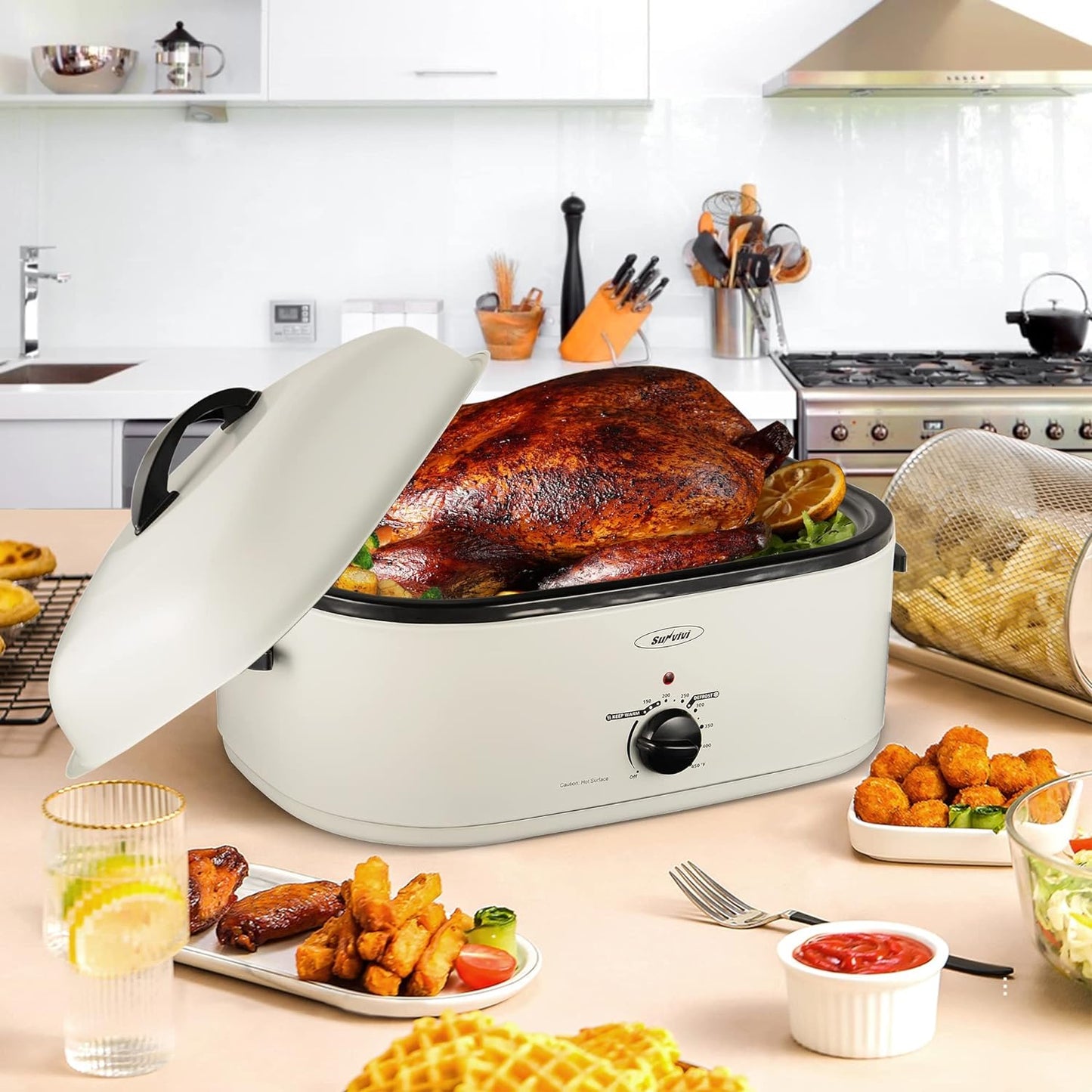 Sunvivi 26 Quart Electric Roaster Oven Turkey Roaster with Lid Electric Roasters with Removable Pan Large Roaster, Visible & Self-basting Lid, Fast Heating & Thaw/warming Setting, Silver, Grey