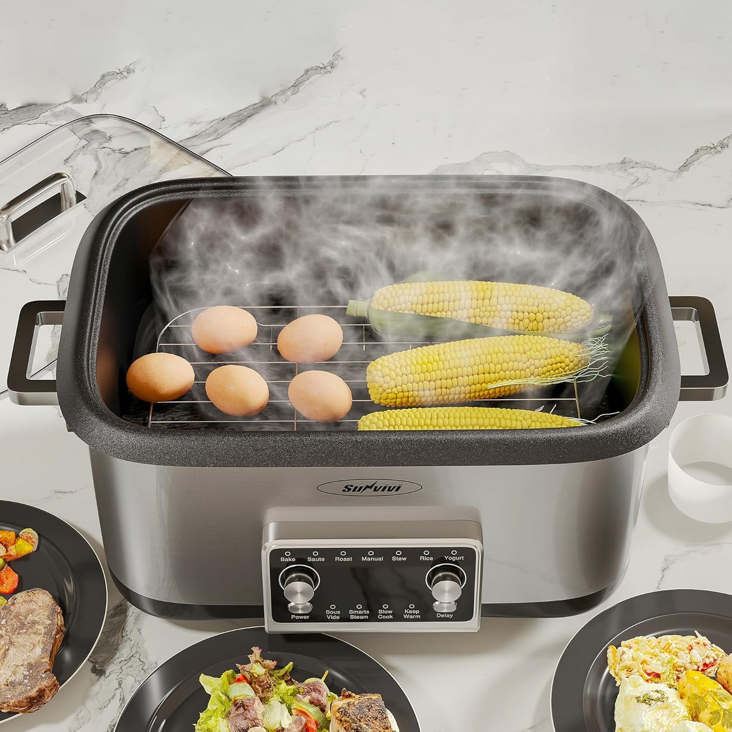 Sunvivi 8 Quart Slow Cooker Roaster Oven, 12 in 1 Programmable Multi-Cooker Food Warmer with Digital Timer, Temp Control, Removable Cast Aluminum Pot & Dishwasher-Safe Tempered Glass Lid