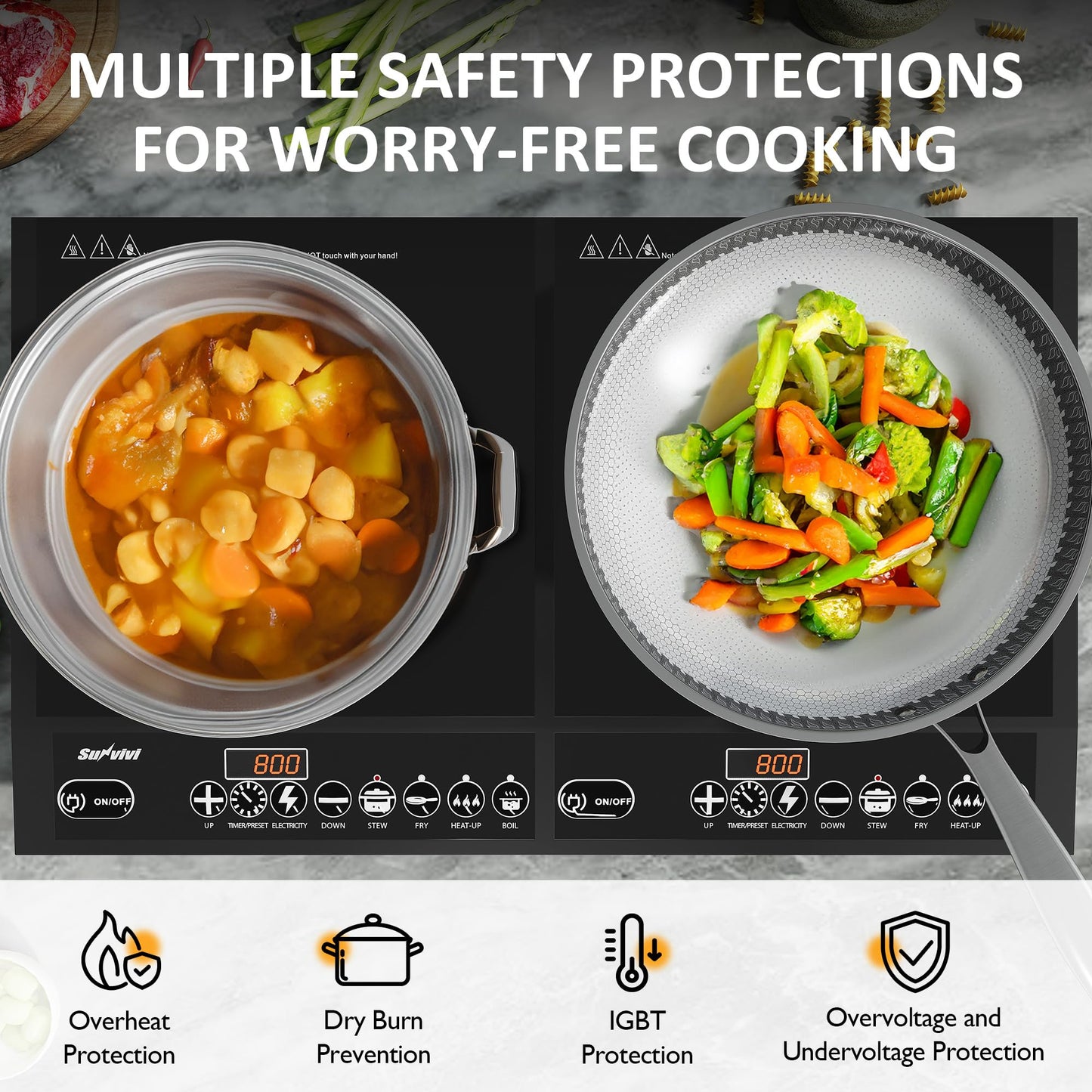 Sunvivi Portable Dual Induction Cooktop, Commercial-Grade Electric Countertop Burner with Timer, Induction Hot Plate with LED Screen, 8 Power(100W-1000W/800W) & 8 Temp Setting(176¡ãF-518¡ãF), Black