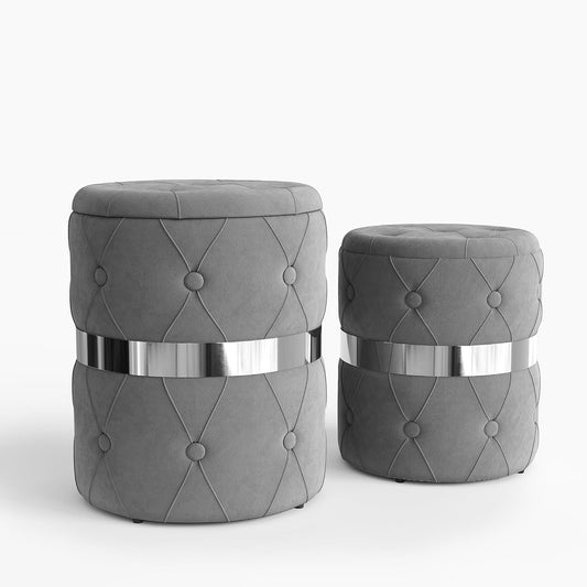 RoyalCraft Round Storage Ottoman Set of 2, Fully Assembled Grey Velvet Vanity Stool Chair, 22QT Large Storage Foot Stool, Support 200lbs Padded Seat for Bedroom, Living Room, Office and Study Room