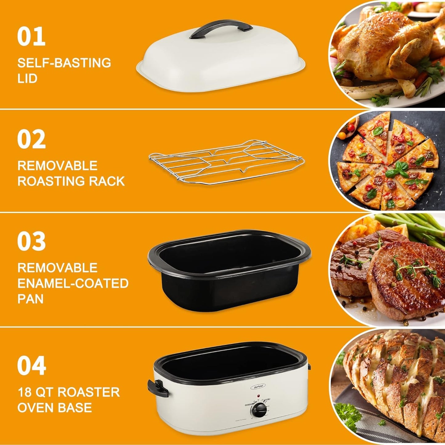 Sunvivi 26 Quart Electric Roaster Oven Turkey Roaster with Lid Electric Roasters with Removable Pan Large Roaster, Visible & Self-basting Lid, Fast Heating & Thaw/warming Setting, Silver, Grey