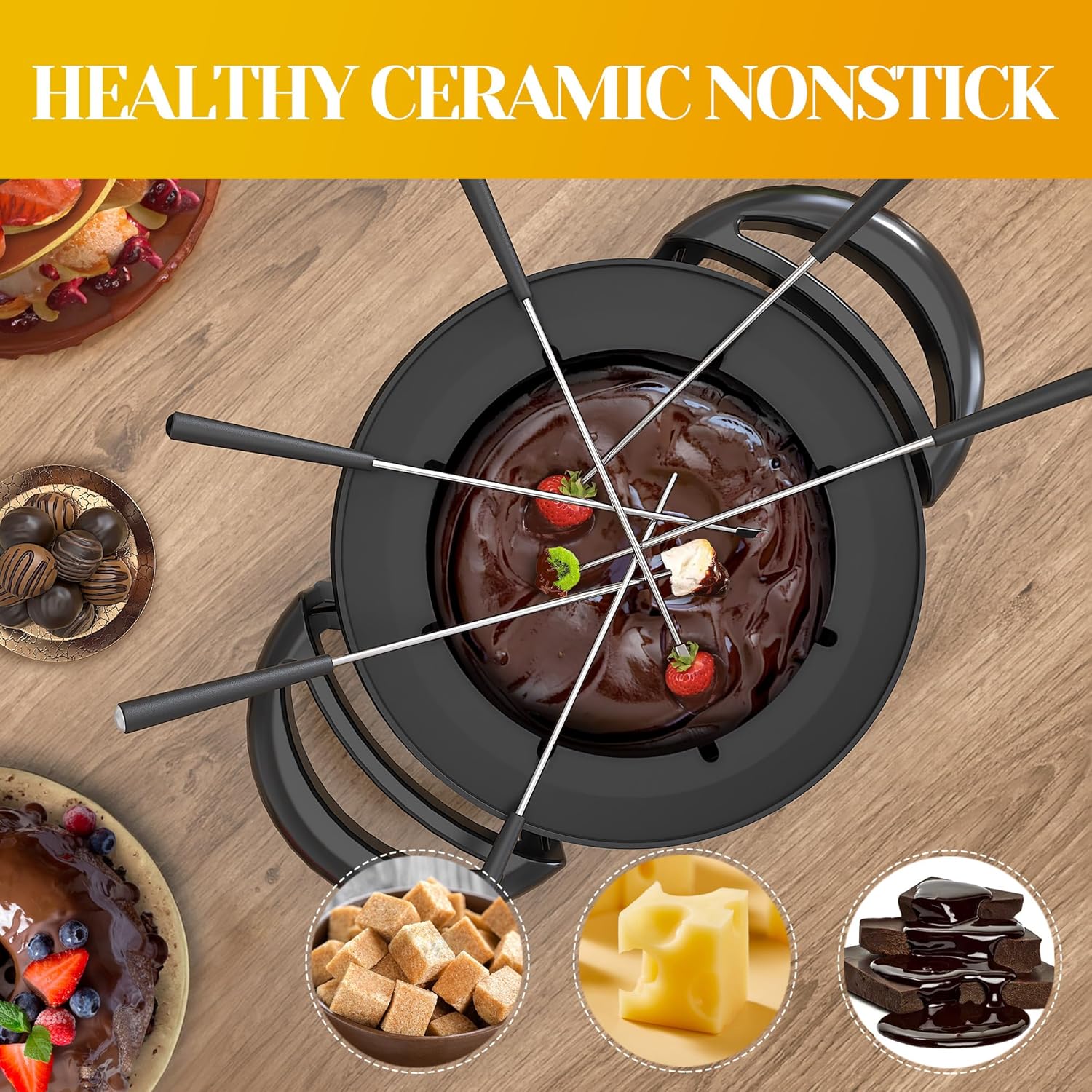 Electric Fondue Pot Set, 3 Quart Fondue Set for Melting Chocolate Cheese with 8 Color-Coded Forks