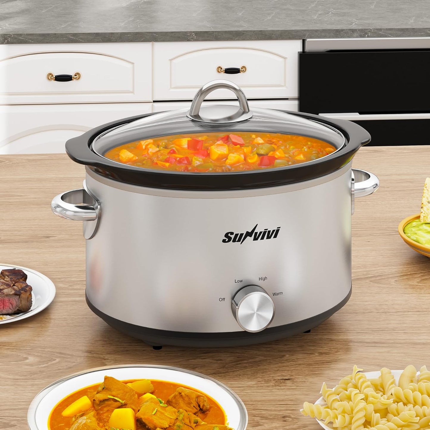 Sunvivi 4 Quart Slow Cooker & Mini Food Warmer with 3 Heating Settings, Removable Ceramic Pot, Dishwasher Safe Glass Lid, Stainless Steel, Silver