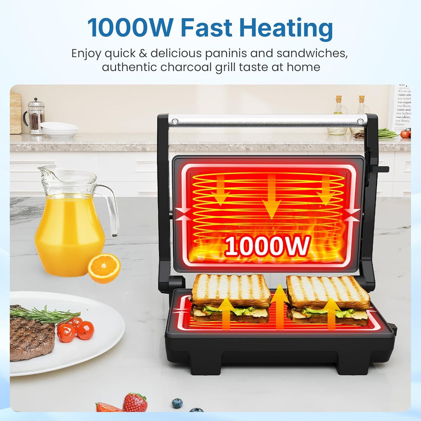 Sunvivi Panini Press Sandwich Maker: Electric Panini Press Grill with Locking Lid, Portable Indoor Panini Maker with Nonstick Plates, 1000W Double-sided Grill with 180¡ã Flat Opening, Easy to Clean