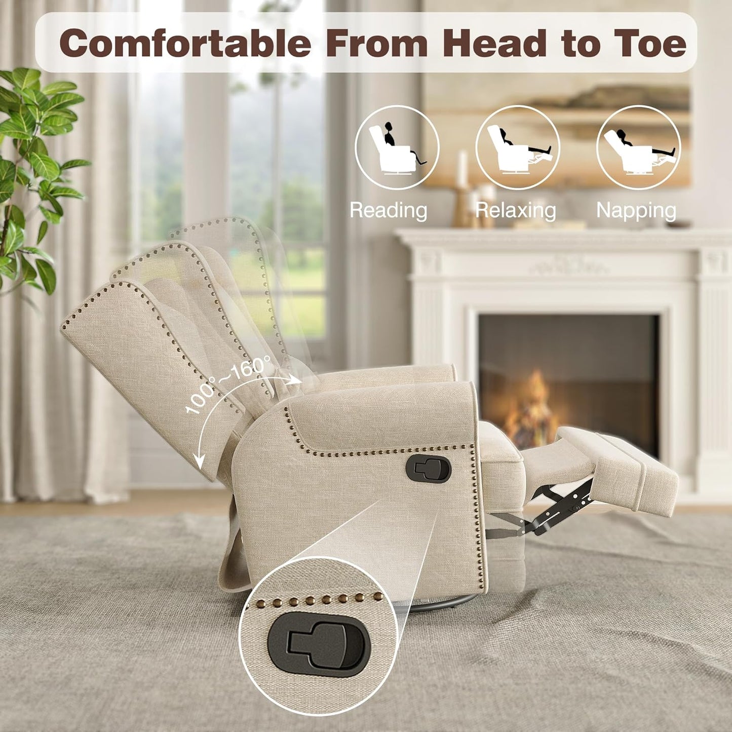 FansaFurn Recliner Comfy Upholstered Glider Lumbar Pillow and Footrest, Swivel Rocking Chair for Living Room, Beige