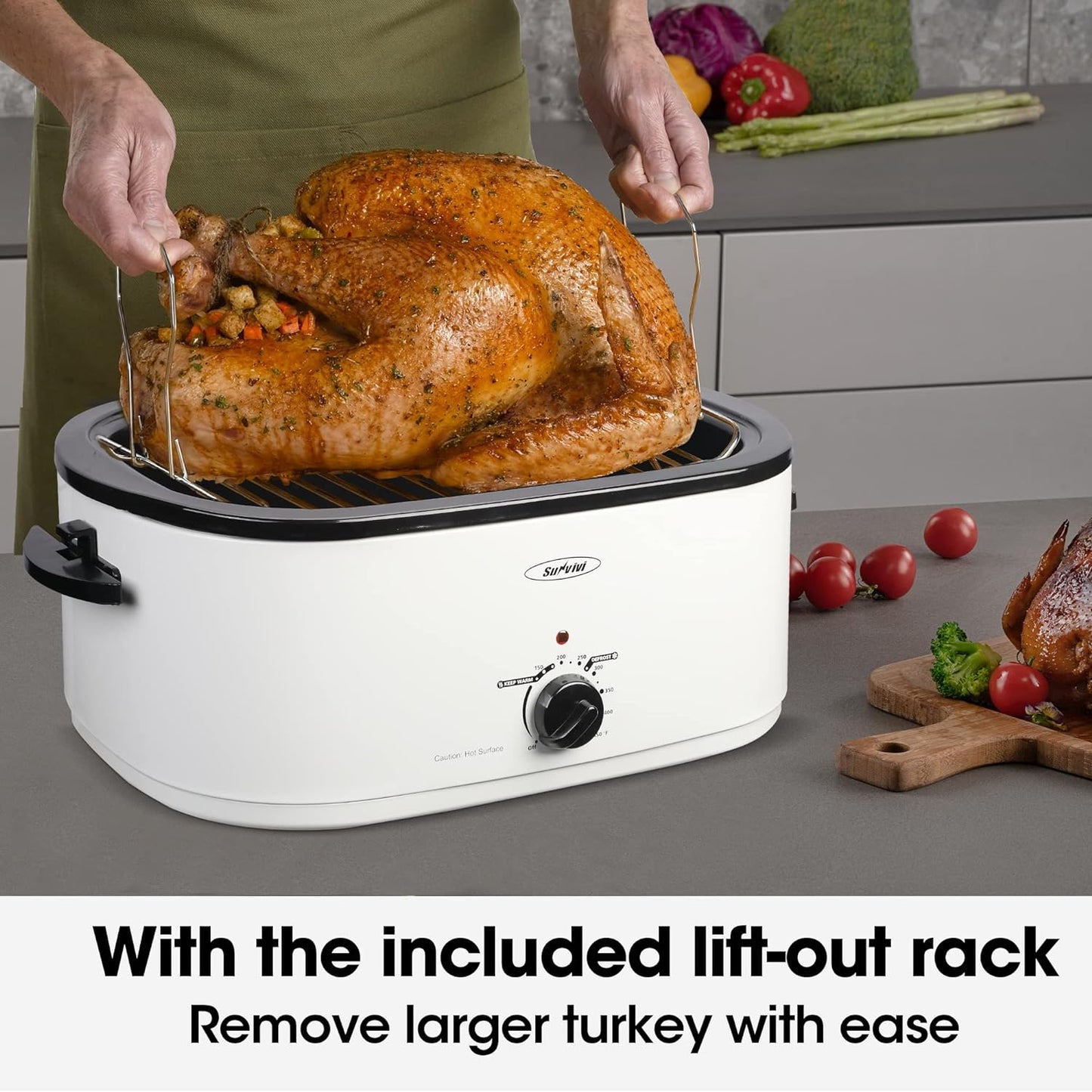 Sunvivi 26 Quart Electric Roaster Oven Turkey Roaster with Lid Electric Roasters with Removable Pan Large Roaster, Visible & Self-basting Lid, Fast Heating & Thaw/warming Setting, Silver, Grey