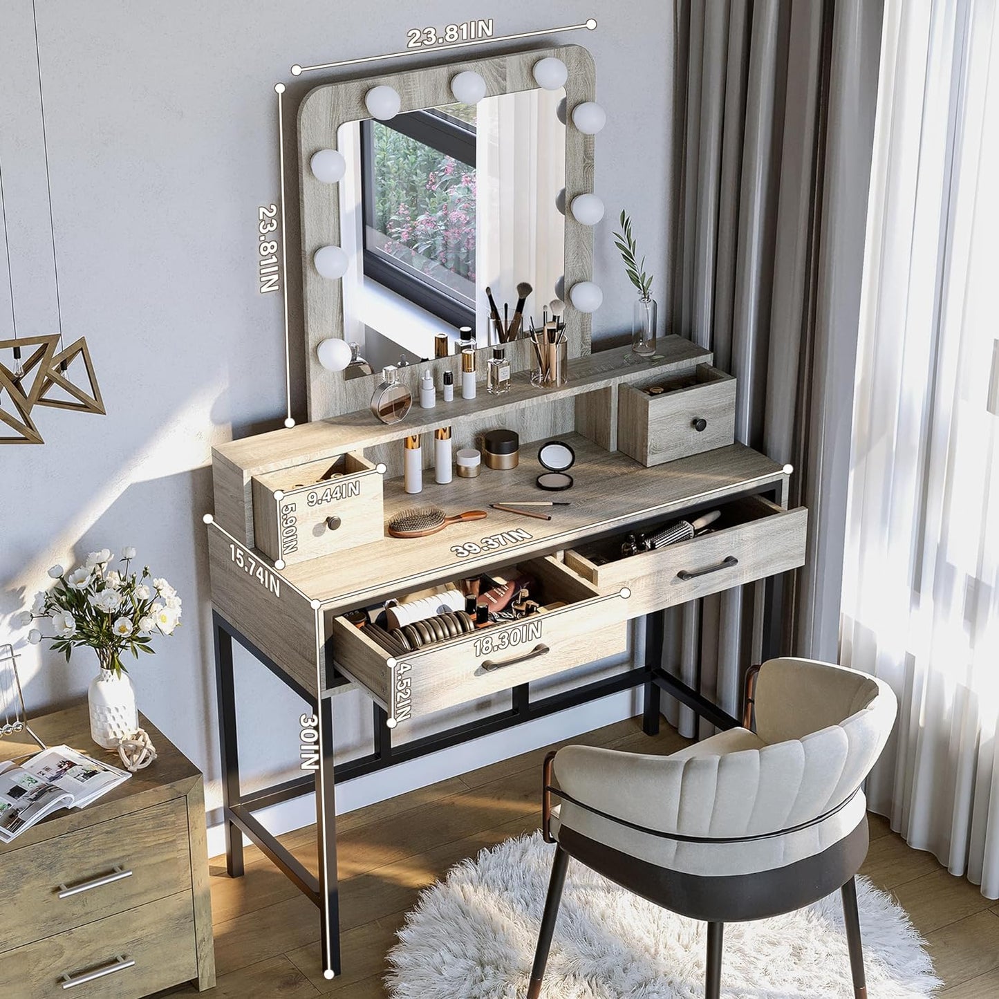 Sunvivi Vanity Desk with Lighted Mirror, 40" Large White Dressing Makeup Vanity Table with 4 Drawers, 3 Color Lighting Modes & 10 Brightness, Dressing Table with Metal Frame for Bedroom