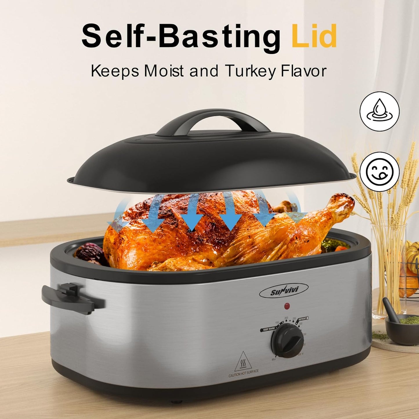 Sunvivi 26 Quart Electric Roaster Oven Turkey Roaster with Lid Electric Roasters with Removable Pan Large Roaster, Visible & Self-basting Lid, Fast Heating & Thaw/warming Setting, Silver, Grey