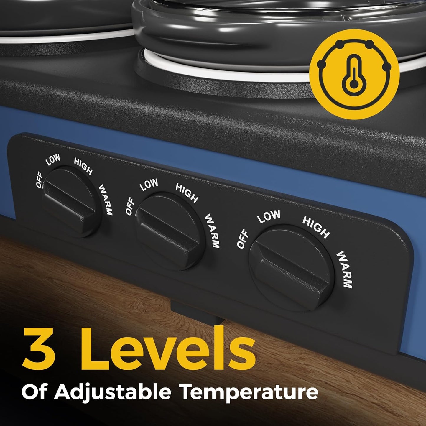 Sunvivi Triple Slow Cooker Buffet Servers and Warmer,3 Pot Food Small Mini Manual Slow Cooker with Adjustable Temp Stainless Steel Lid Rests,Removable Ceramic Pot, 3 * 1.5 Quarts Blue