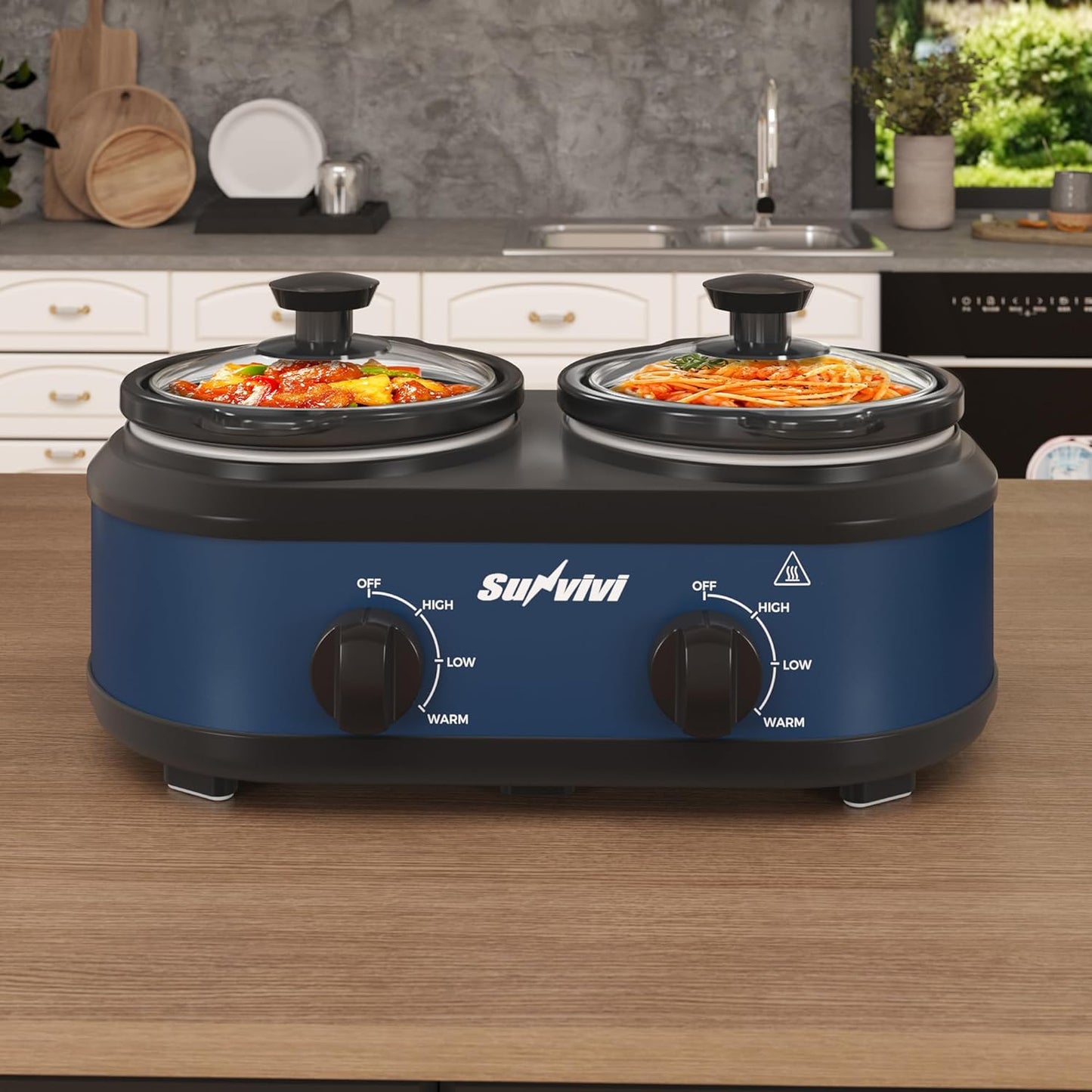 Sunvivi Dual Slow Cooker, Buffet Server and Warmer with 2 Removable Ceramic Pots, Slow Cooker Food Warmer with 3 Adjustable Temp & 2 Visible Glass Lids, Stainless Steel, 2 x 1.25 QT, Blue