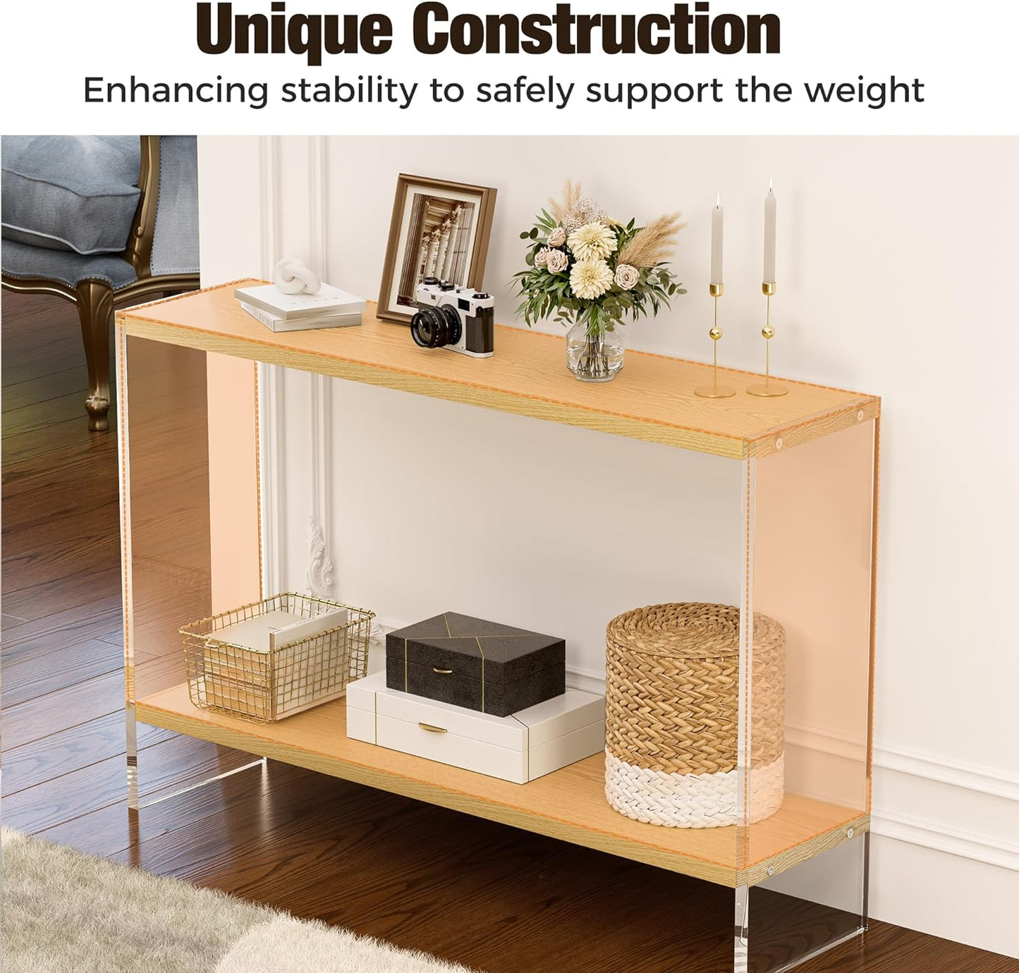 WAHFAY Acrylic Console Table, 47.5" Modern Entryway Table with Storage Shelf, Clear Acrylic Doorway Desk, 2-Tier Coffee Table for Living Room, Bedroom, Hallway and Dining Room, Natural Oak