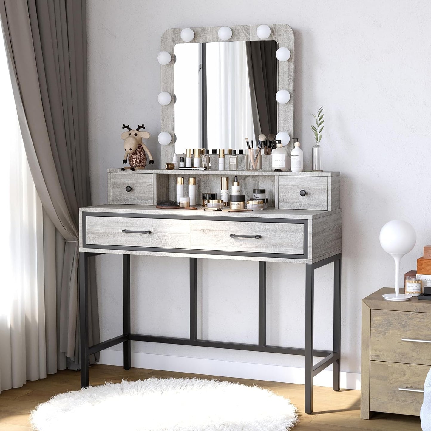 Sunvivi Vanity Desk with Lighted Mirror, 40" Large White Dressing Makeup Vanity Table with 4 Drawers, 3 Color Lighting Modes & 10 Brightness, Dressing Table with Metal Frame for Bedroom