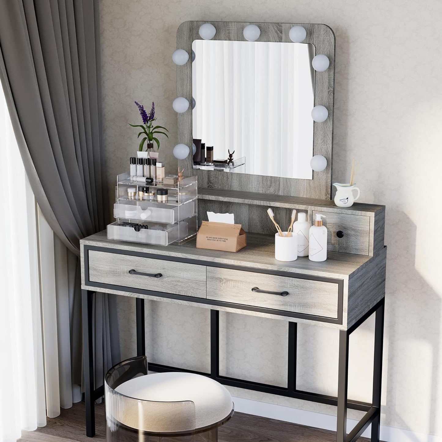 Sunvivi Vanity Desk with Lighted Mirror, 40" Large White Dressing Makeup Vanity Table with 4 Drawers, 3 Color Lighting Modes & 10 Brightness, Dressing Table with Metal Frame for Bedroom