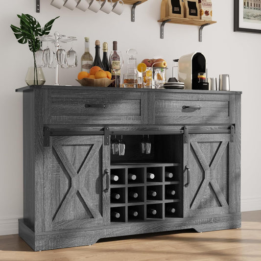 RoyalCraft Farmhouse Buffet Cabinet with Storage, 52'' Wine Bar Cabinet with Sliding Barn Door, Liquor Coffee Bar Cabinet and Sideboard for Kitchen, Dining Room, Rustic Dark Grey