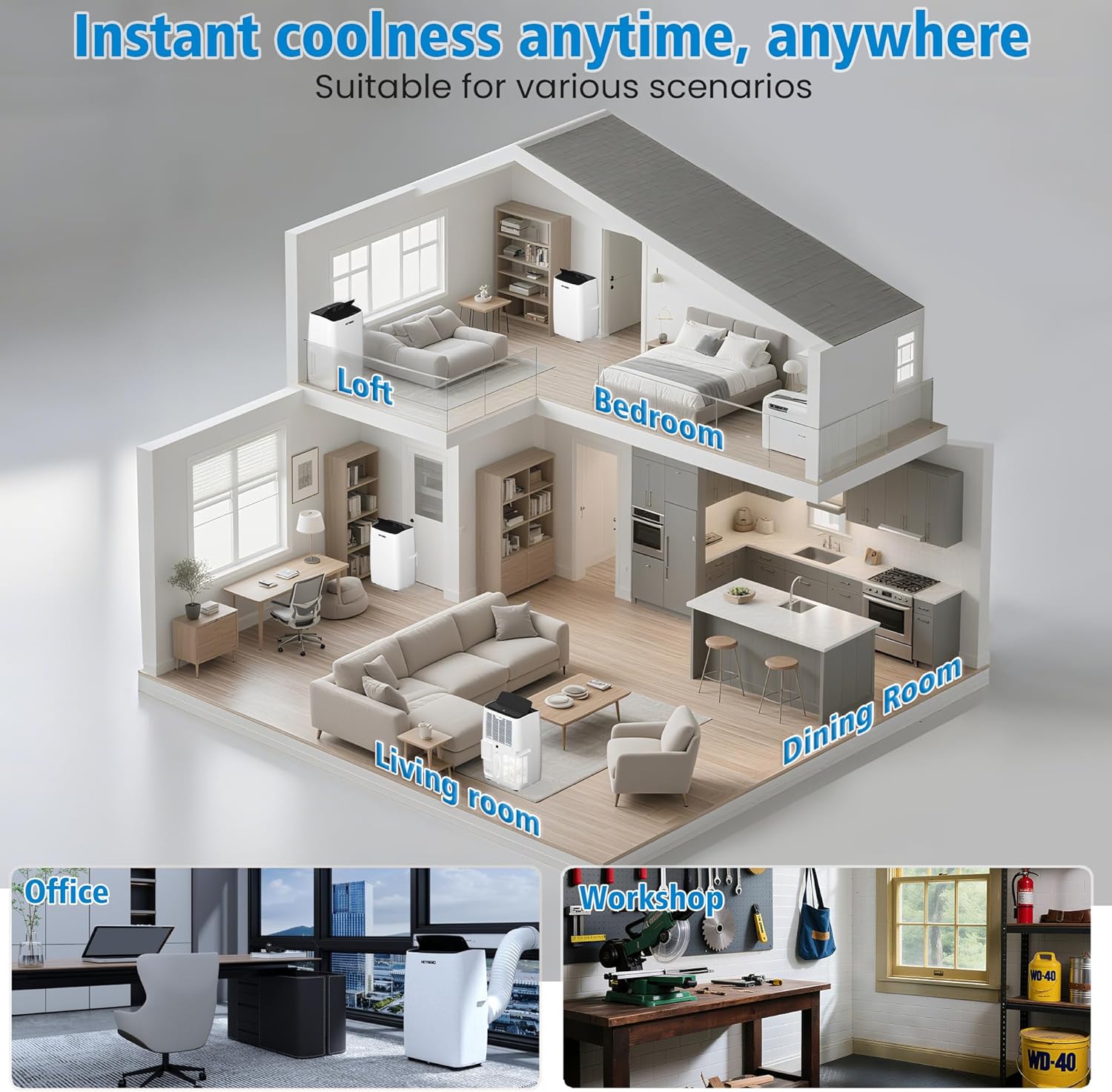 14,000 BTU 3-in-1 Portable Air Conditioner with Heat, Dehumidifier & Fan, Smart WiFi Control