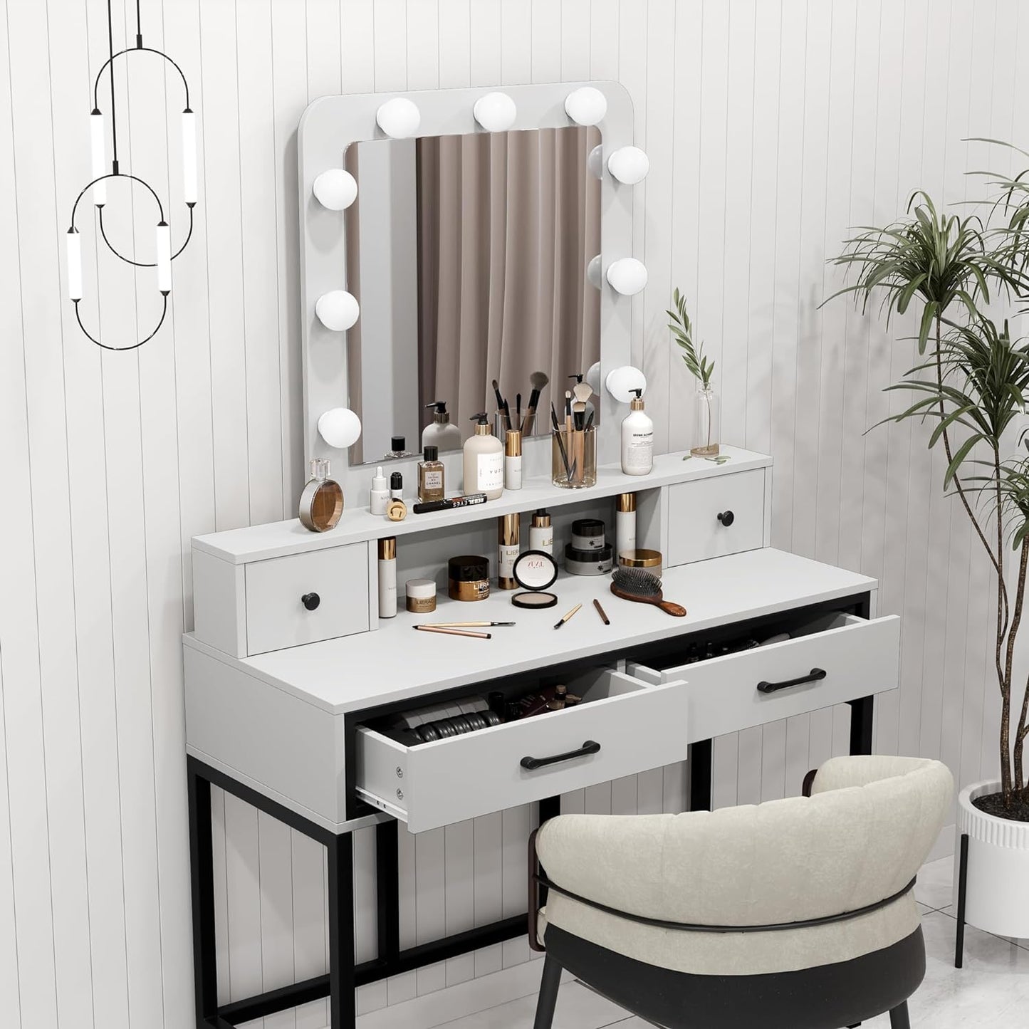 Sunvivi Vanity Desk with Lighted Mirror, 40" Large White Dressing Makeup Vanity Table with 4 Drawers, 3 Color Lighting Modes & 10 Brightness, Dressing Table with Metal Frame for Bedroom
