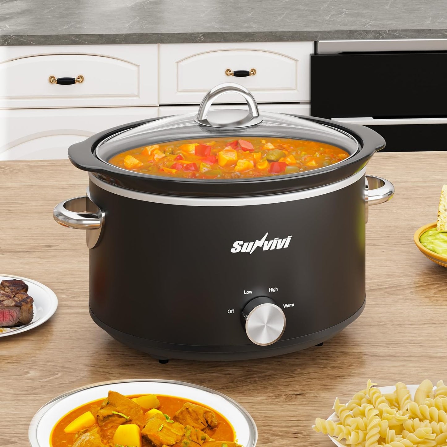 Sunvivi 4 Quart Slow Cooker & Mini Food Warmer with 3 Heating Settings, Removable Ceramic Pot, Dishwasher Safe Glass Lid, Stainless Steel, Silver