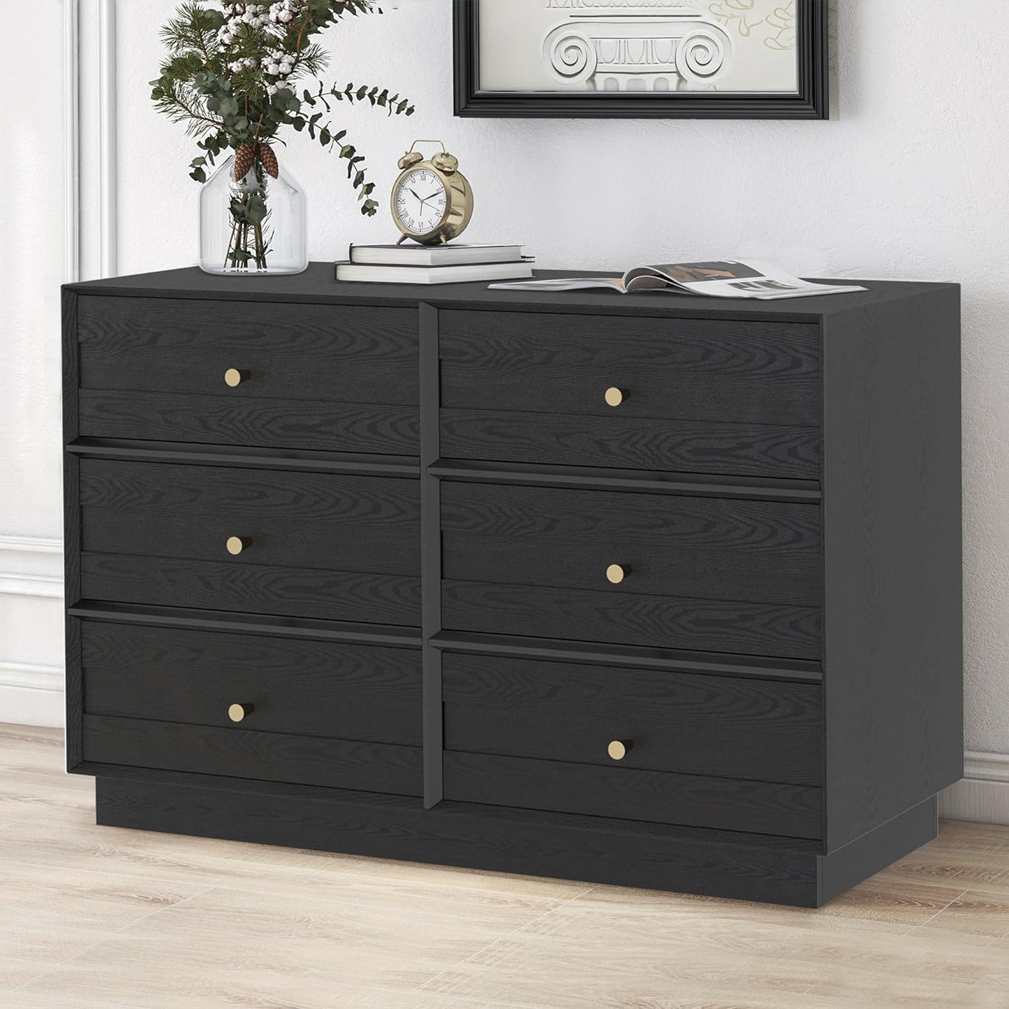 RoyalCraft Black 6 Drawer Dresser for Bedroom, 47" Wood Floor Dressers Chest of Drawers with Large Drawers and Crystal Knobs, Morden Double Storage Cabinet for Living Room Hallway Closet