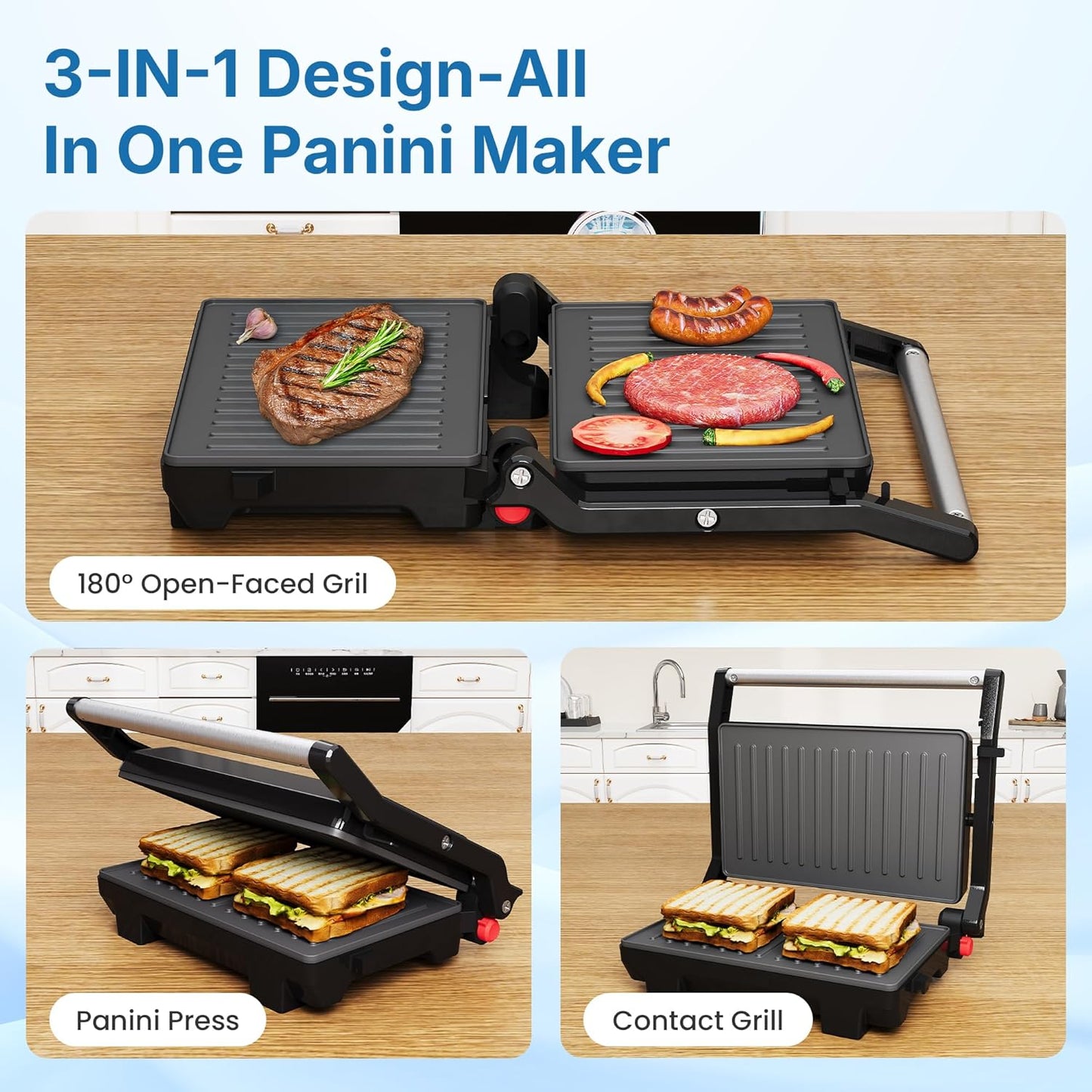 Sunvivi Panini Press Sandwich Maker: Electric Panini Press Grill with Locking Lid, Portable Indoor Panini Maker with Nonstick Plates, 1000W Double-sided Grill with 180¡ã Flat Opening, Easy to Clean