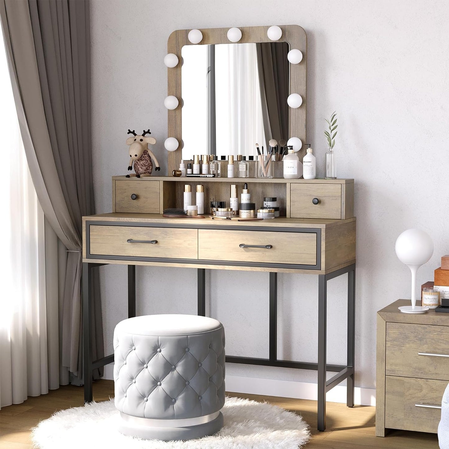 Sunvivi Vanity Desk with Lighted Mirror, 40" Large White Dressing Makeup Vanity Table with 4 Drawers, 3 Color Lighting Modes & 10 Brightness, Dressing Table with Metal Frame for Bedroom