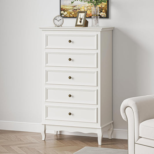 RoyalCraft White Dresser for Bedroom, Modern 5 Drawer Dresser, Wood Rustic Tall Chset of Drawers, Storage Dressers Organizer for Bedroom, Living Room,Hallway