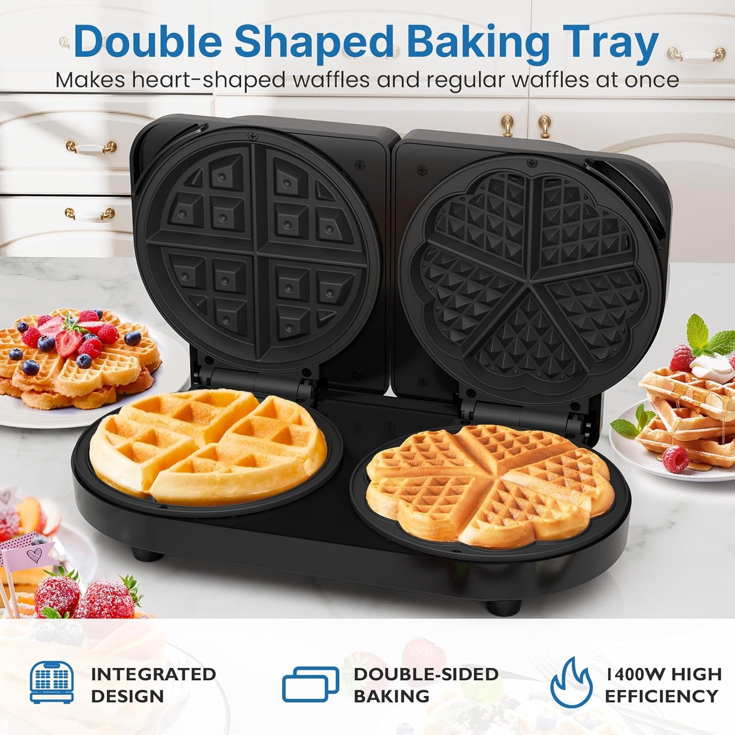Sunvivi Dual Waffle Maker: Heart Waffle & Classic Waffle Iron with 2 Adjustable Temp Knobs, Nonstick Waffle Machine with Indicator Light, Easy to Clean, Perfect Gift for Her, Kids and Families