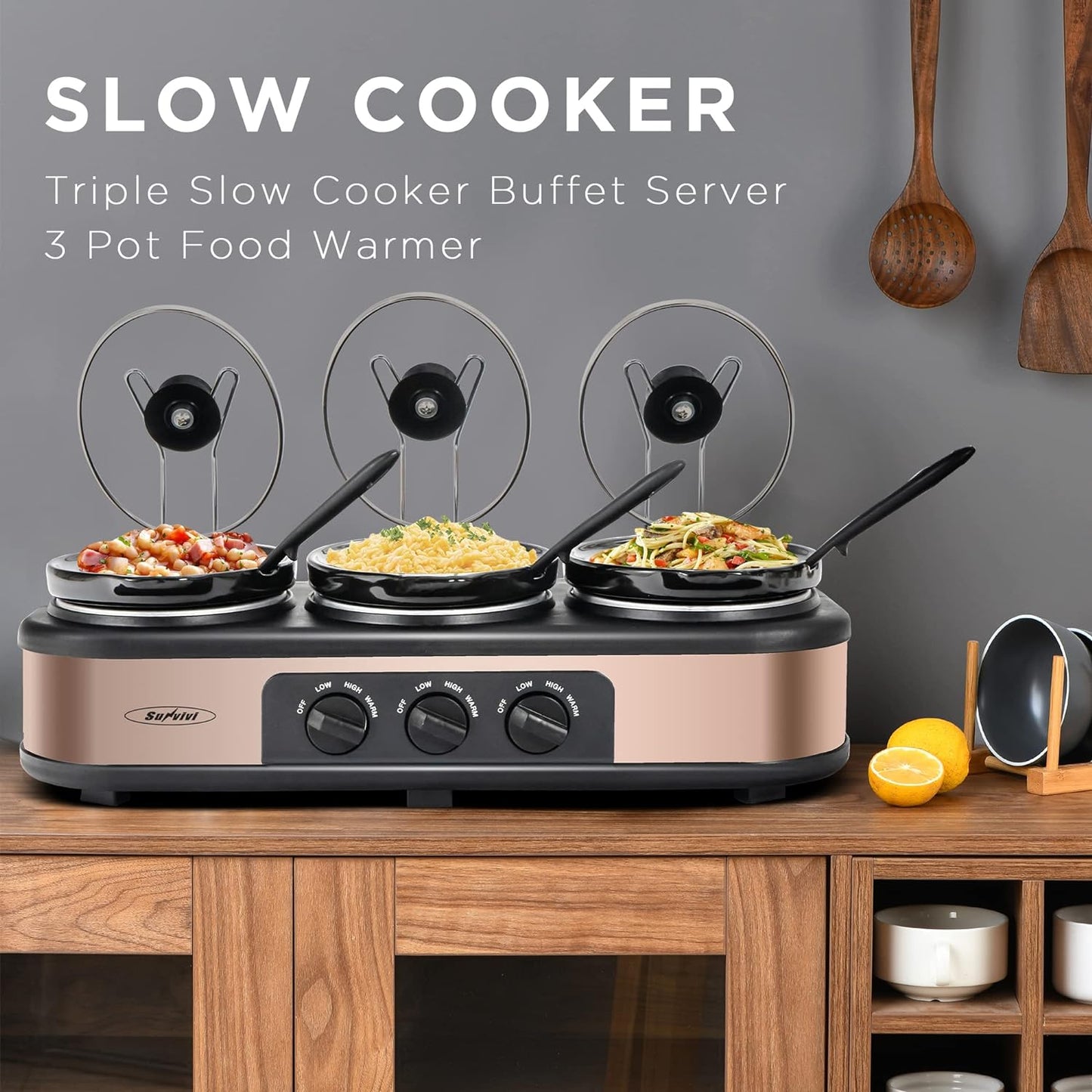 Sunvivi Triple Slow Cooker Buffet Server 3 Pot Food Warmer, 3-Section 1.5-Quart Oval Slow Cooker Adjustable Temp Lid Rests Stainless Steel, Total 4.5 QT