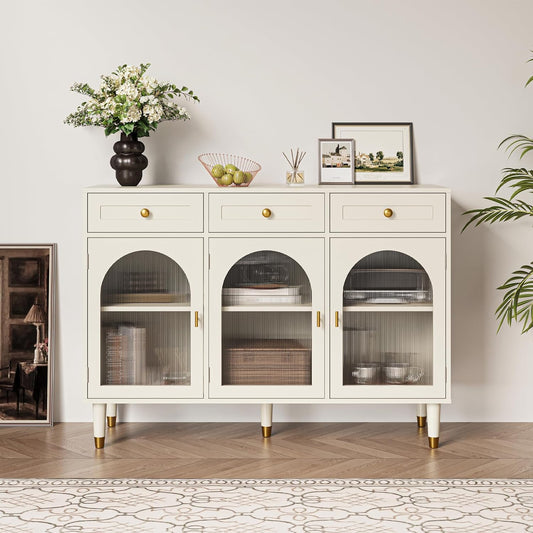 RoyalCraft Sideboard Buffet Cabinet with Storage, White Kitchen Storage Cabinet with Adjustable Shelves & 3 Doors, Wood Coffee Bar Table with Drawers for Living Room, Dining Room