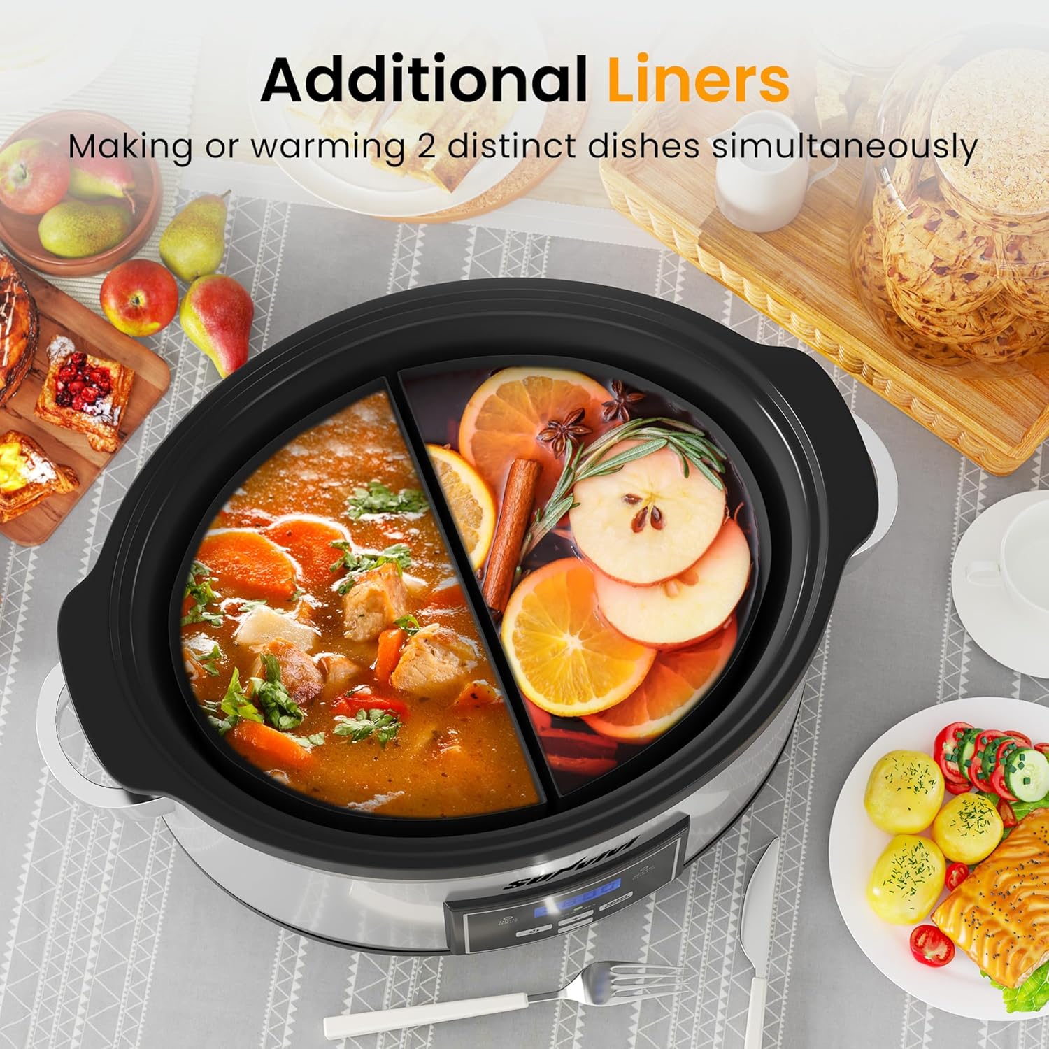 Sunvivi 6 Quart Programmable Slow Cooker with 2 in 1 Silicone Liners