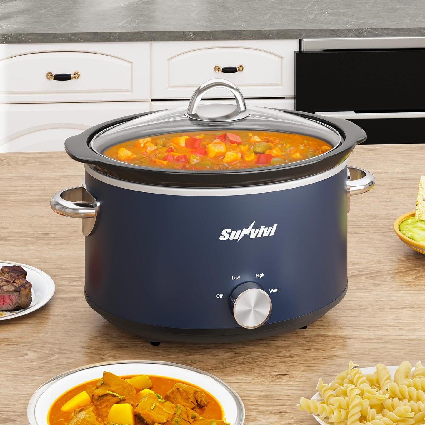 Sunvivi 4 Quart Slow Cooker & Mini Food Warmer with 3 Heating Settings, Removable Ceramic Pot, Dishwasher Safe Glass Lid, Stainless Steel, Silver