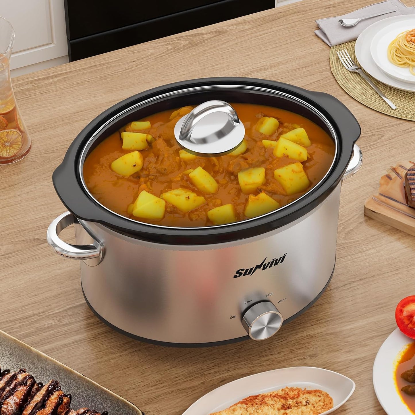 Sunvivi 4 Quart Slow Cooker & Mini Food Warmer with 3 Heating Settings, Removable Ceramic Pot, Dishwasher Safe Glass Lid, Stainless Steel, Silver