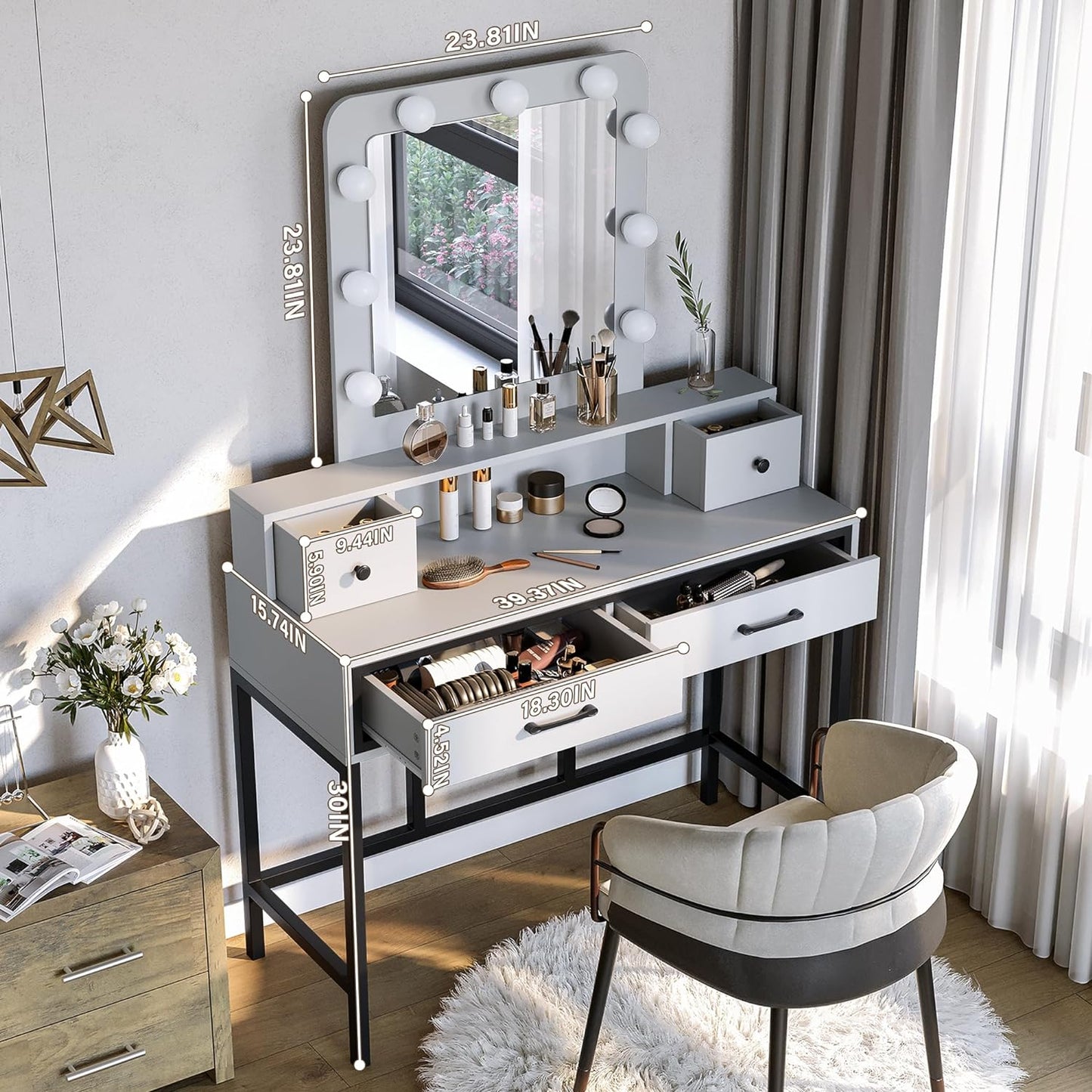 Sunvivi Vanity Desk with Lighted Mirror, 40" Large White Dressing Makeup Vanity Table with 4 Drawers, 3 Color Lighting Modes & 10 Brightness, Dressing Table with Metal Frame for Bedroom