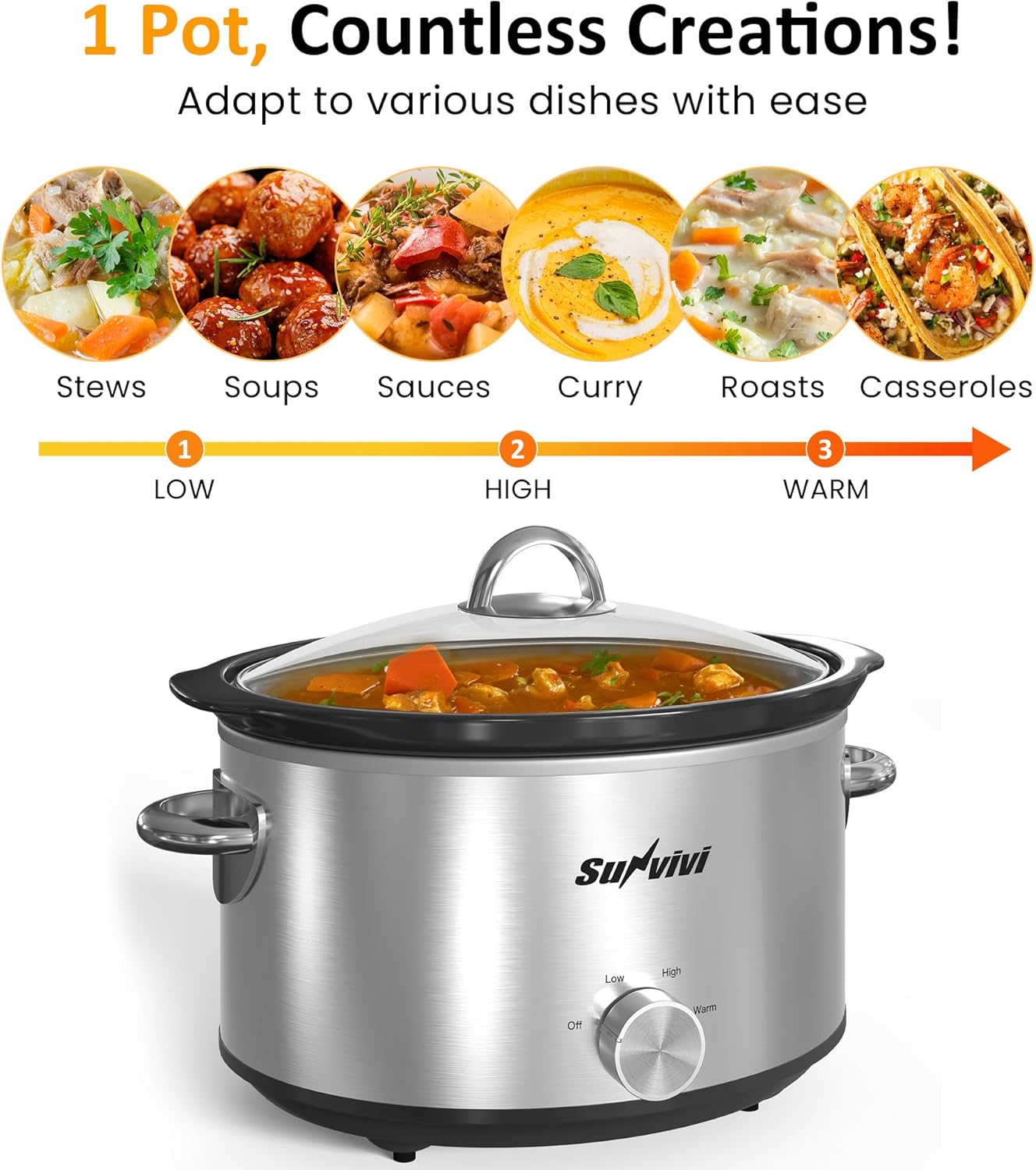 Sunvivi 4 Quart Slow Cooker & Mini Food Warmer with 3 Heating Settings, Removable Ceramic Pot, Dishwasher Safe Glass Lid, Stainless Steel, Silver