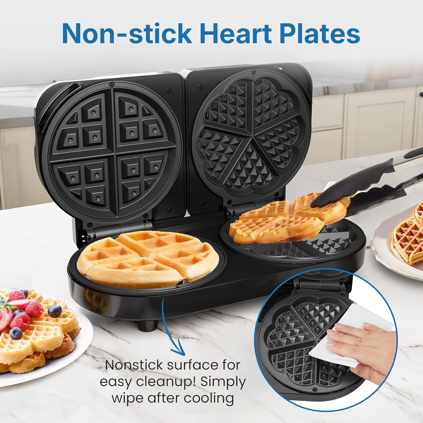 Sunvivi Dual Waffle Maker: Heart Waffle & Classic Waffle Iron with 2 Adjustable Temp Knobs, Nonstick Waffle Machine with Indicator Light, Easy to Clean, Perfect Gift for Her, Kids and Families