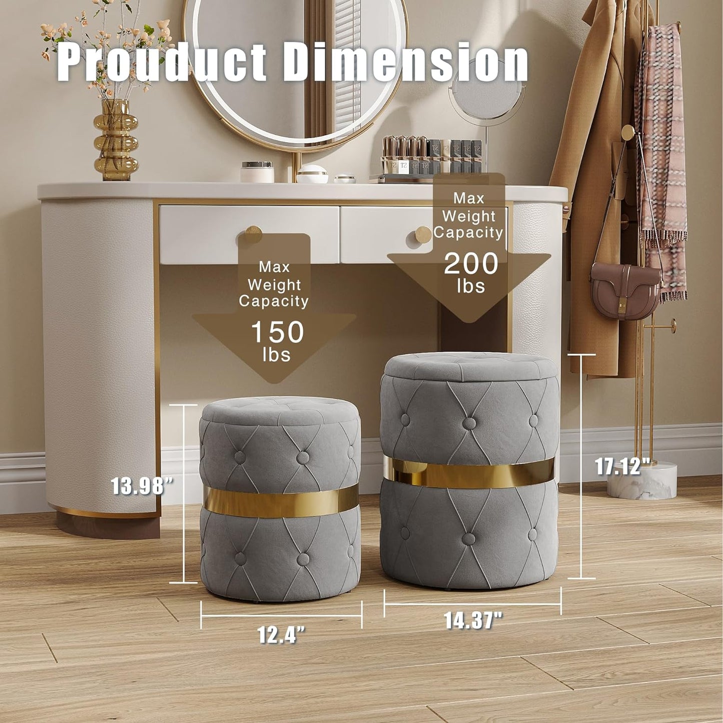 RoyalCraft Round Storage Ottoman Set of 2, Fully Assembled Grey Velvet Vanity Stool Chair, 22QT Large Storage Foot Stool, Support 200lbs Padded Seat for Bedroom, Living Room, Office and Study Room