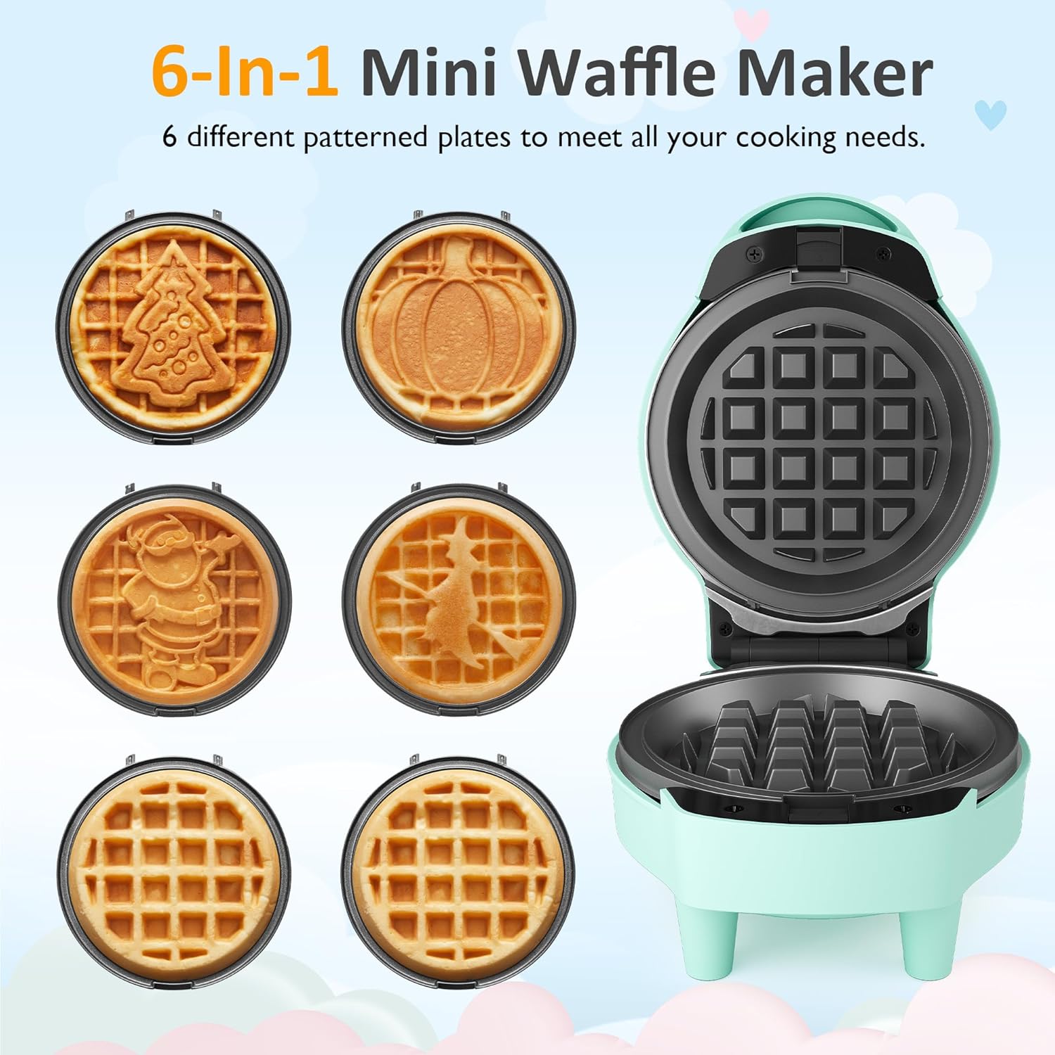Sunvivi 4" Mini Waffle Maker: 6 in 1 Waffle Iron with 6PC Nonstick Removable Plates Set (Santa Claus, Christmas Tree, Witch & Pumpkin)