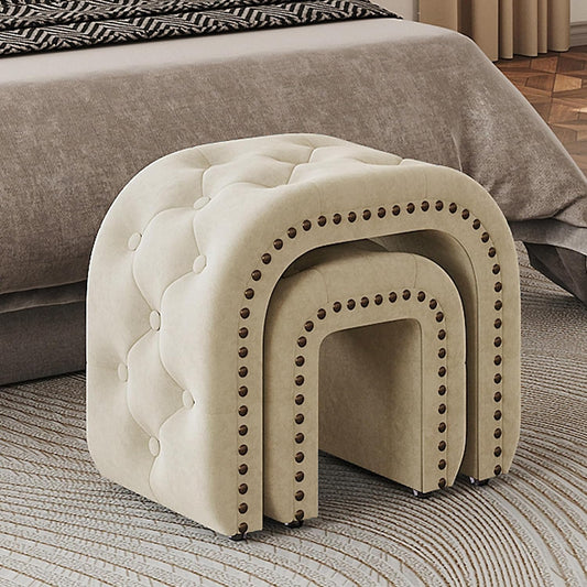 RoyalCraft Velvet Ottoman Foot Stools Set of 2, Fully Assembled White Vanity Stool Chair, Upholstered Sofa Bench Extra Seat with Tufted Design for Entryways, Living Room, Makeup Room and Bedroom